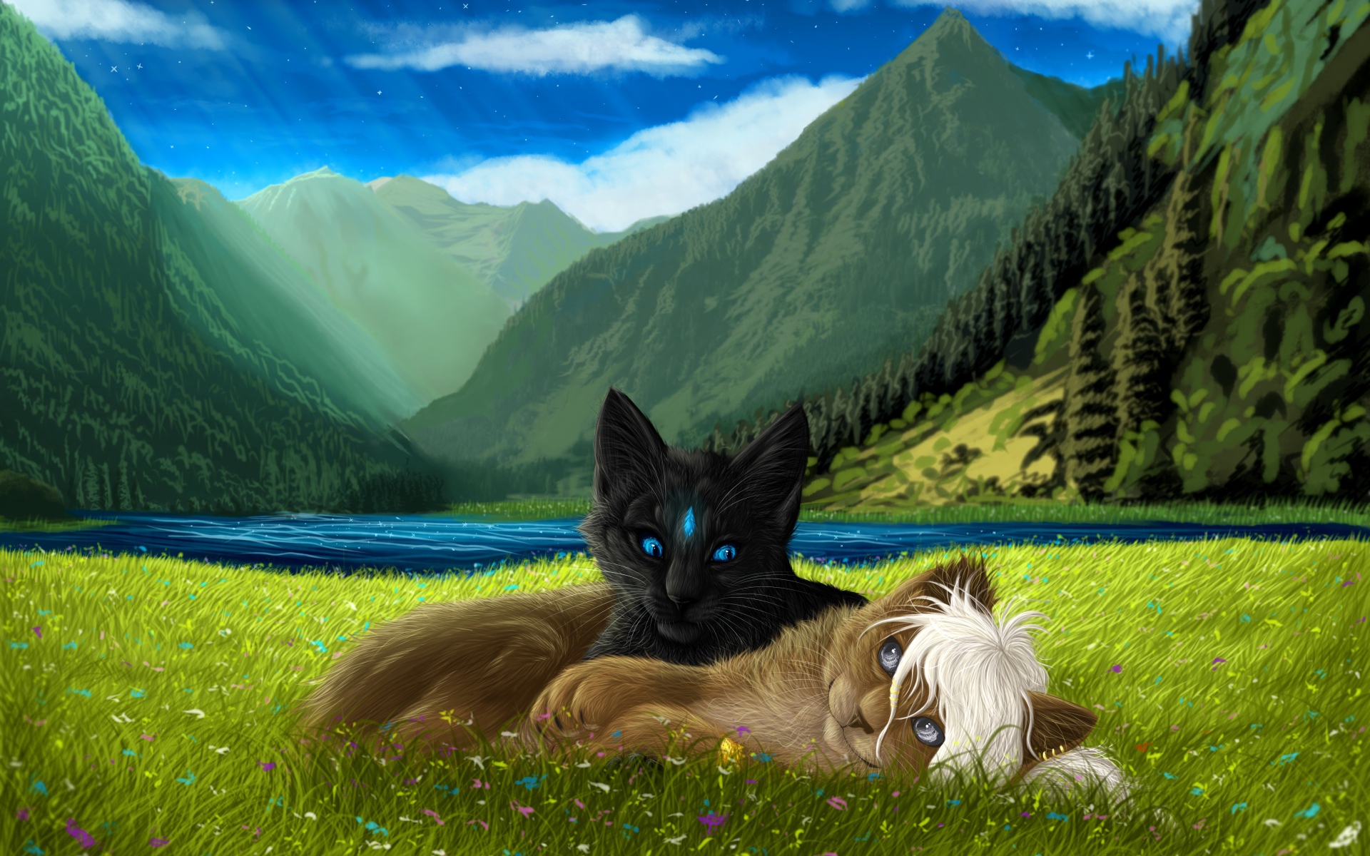 Две нарисованные кошки лежат на зеленой траве на фоне гор