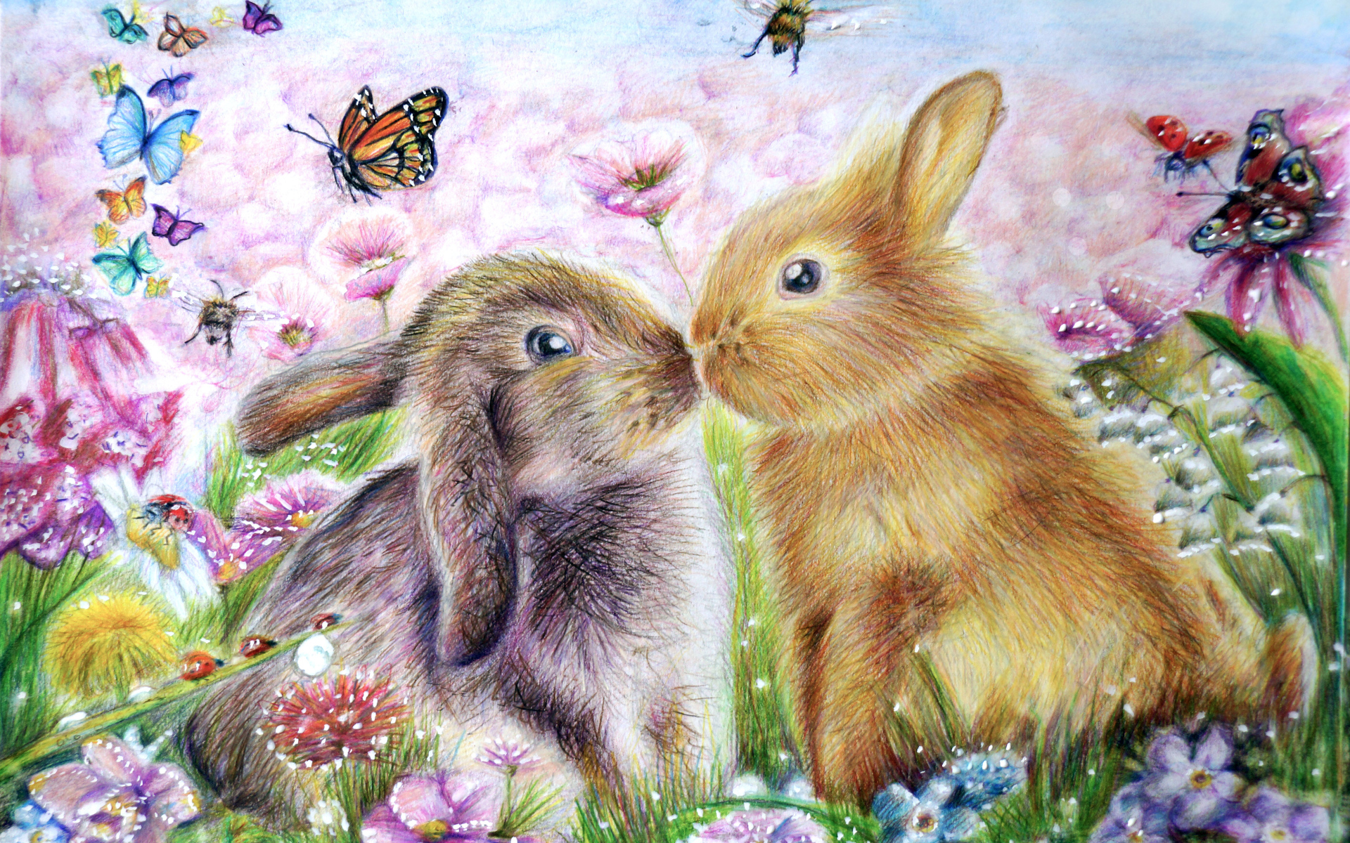 Два нарисованных кролика с бабочками