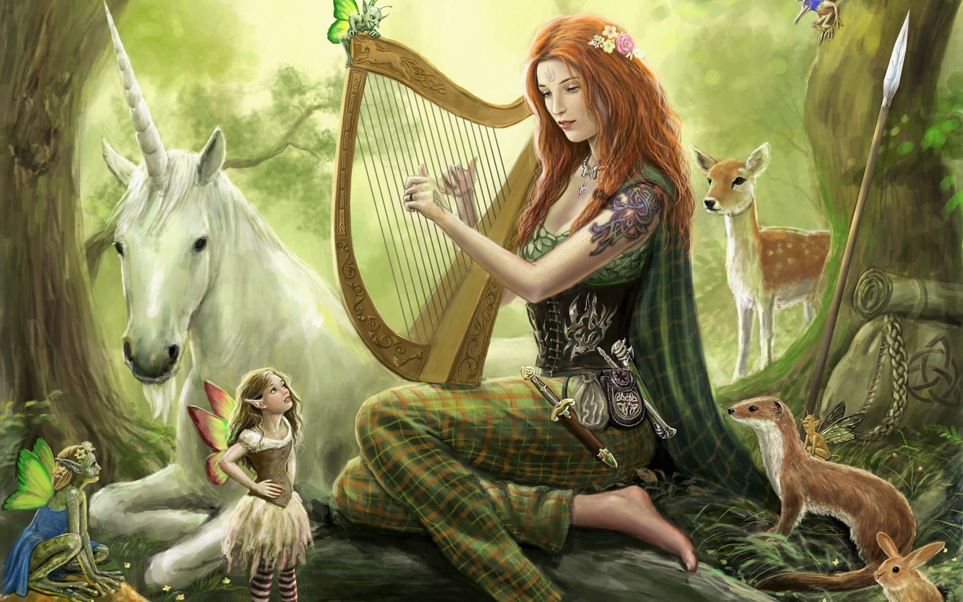 Красивая девушка играет на арфе в лесу с животными и элифами