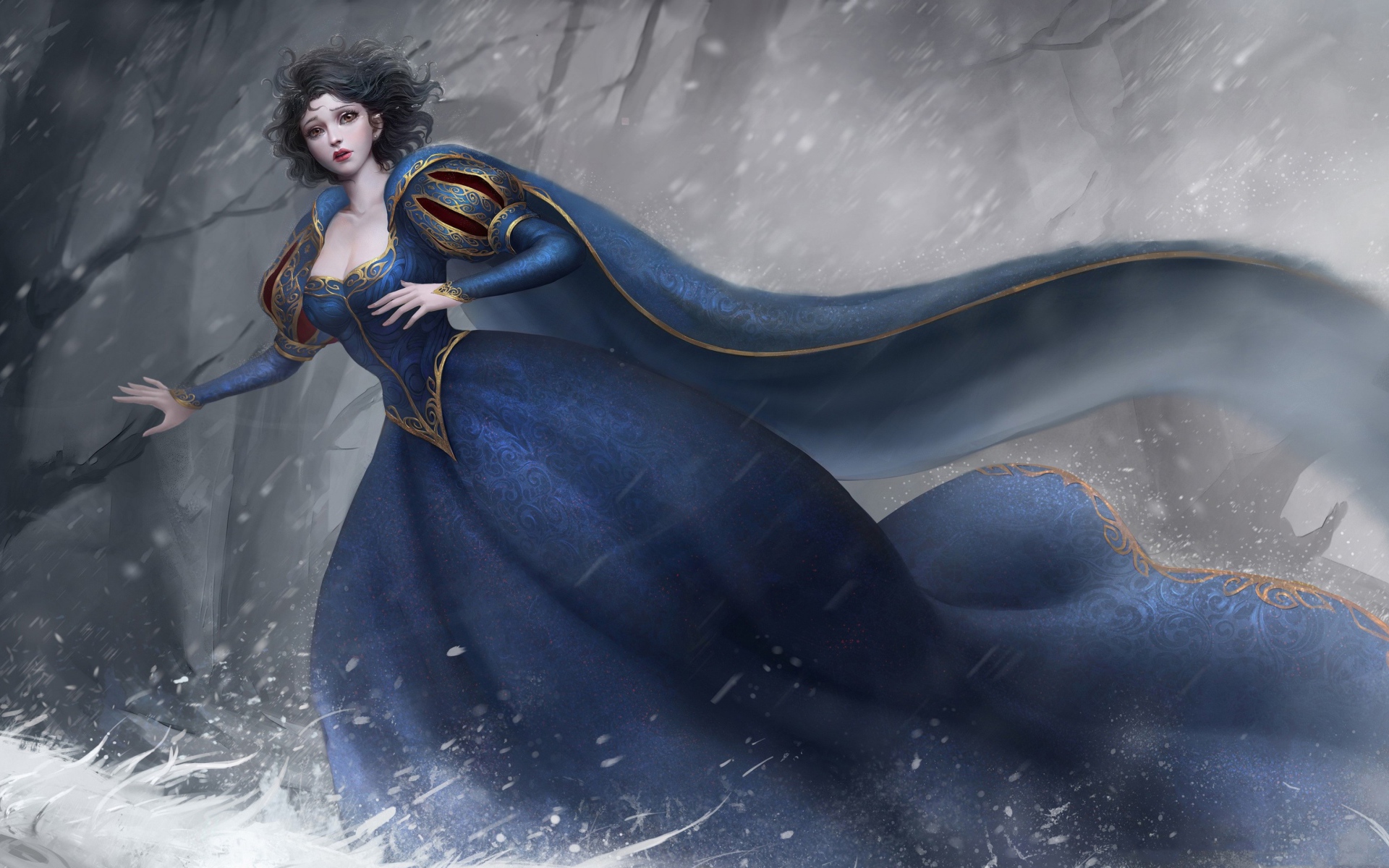 Фантастическая принцесса в красивом платье в темном лесу