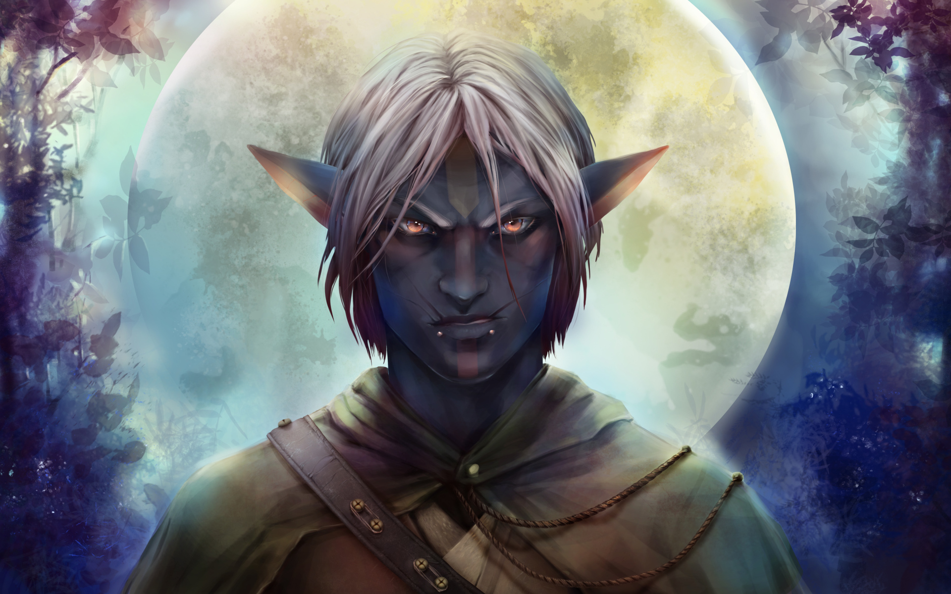 Хмурый мужчина эльф на фоне луны фэнтези