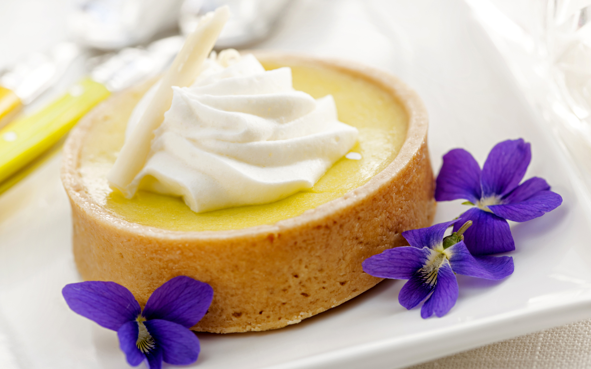Десерт с кремом и фиолетовыми цветами на белой тарелке