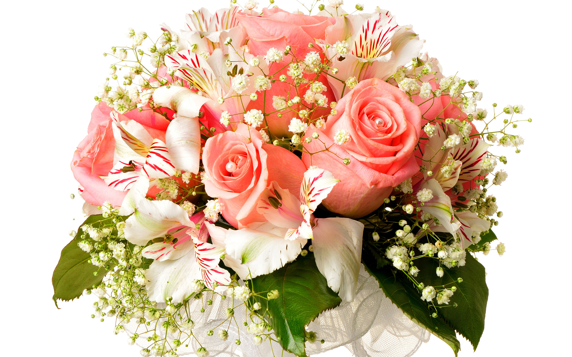Bouquet of pink roses with alstromeria flowers on a white background