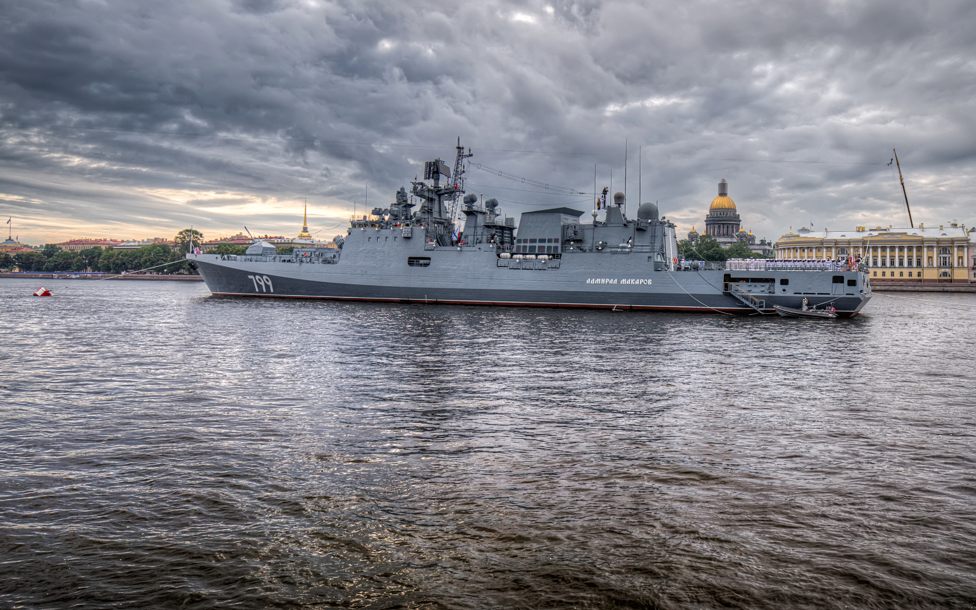 Large Russian frigate Admiral Makarov on the water