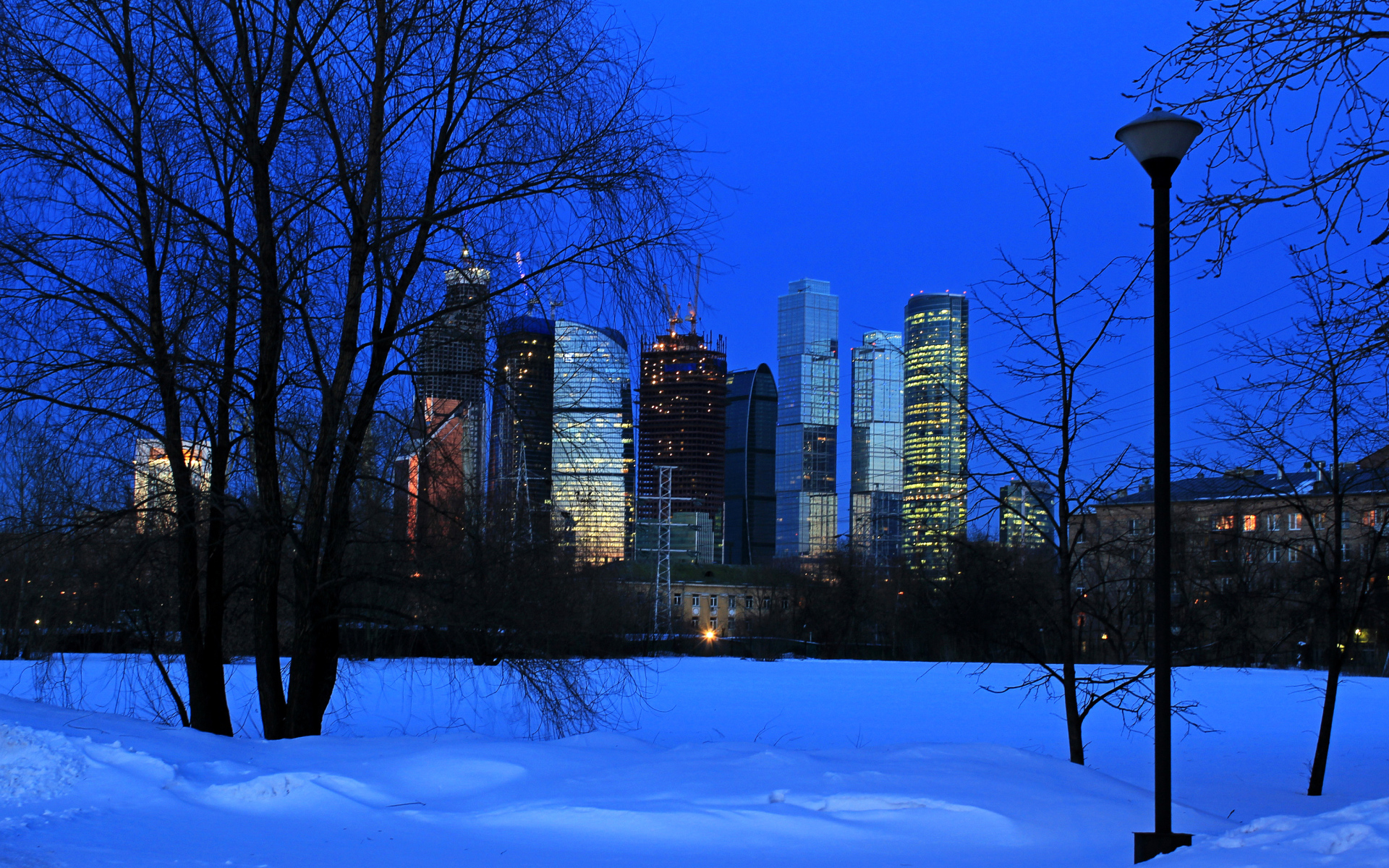 Вид на московские небоскребы из зимнего парка, Россия