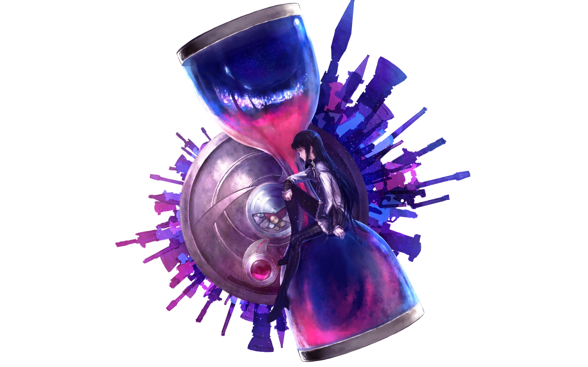 Девушка аниме сидит на больших песочных часах на белом фоне