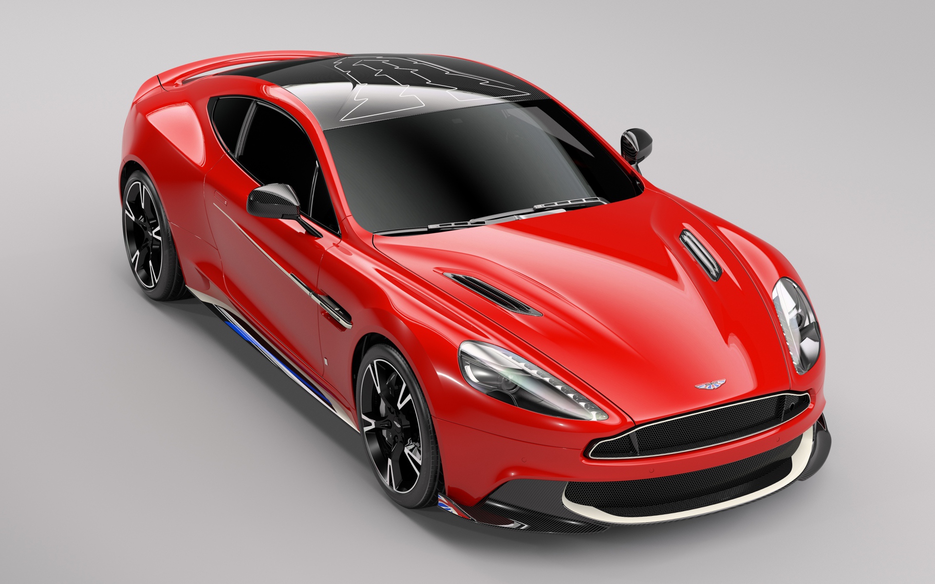 Красный спортивный автомобиль Aston Martin Vanquish S, 2017 на сером фоне