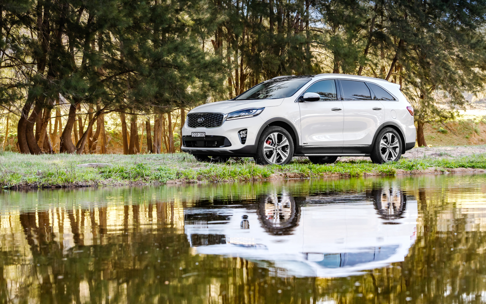 Белый внедорожник Kia Sorento у воды