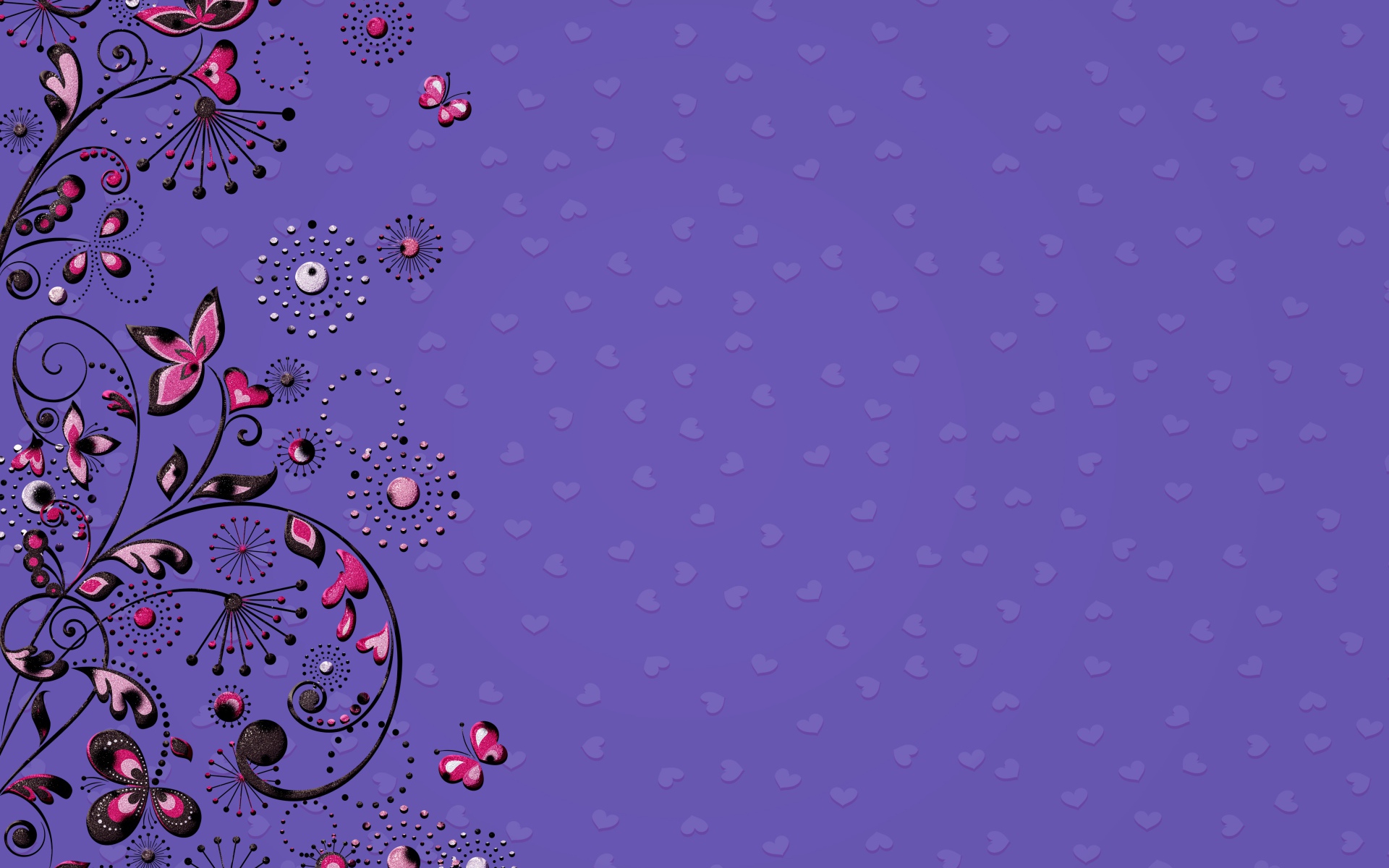 Узоры с бабочками и сердечками на фиолетовом фоне