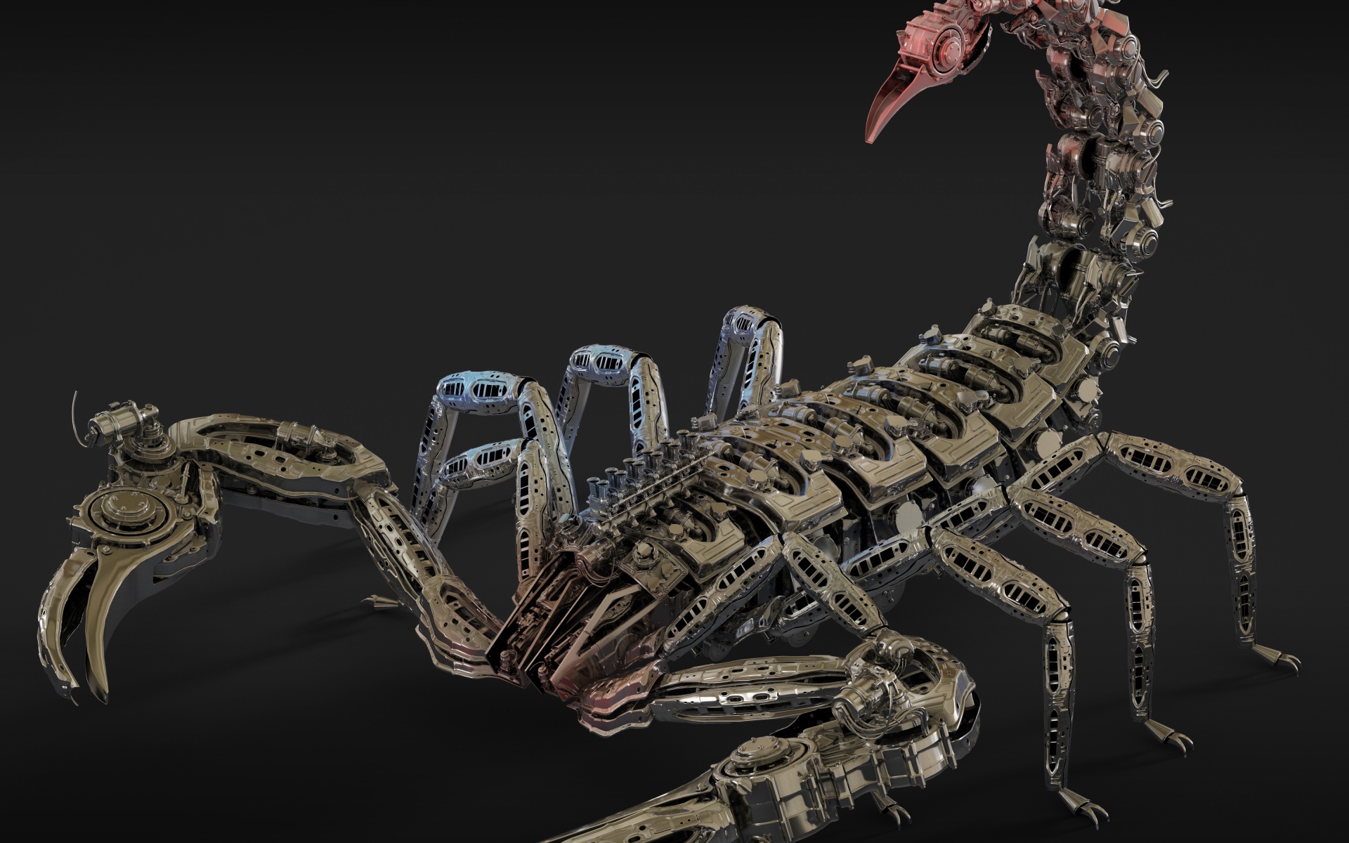 Металлический робот скорпион на сером фоне