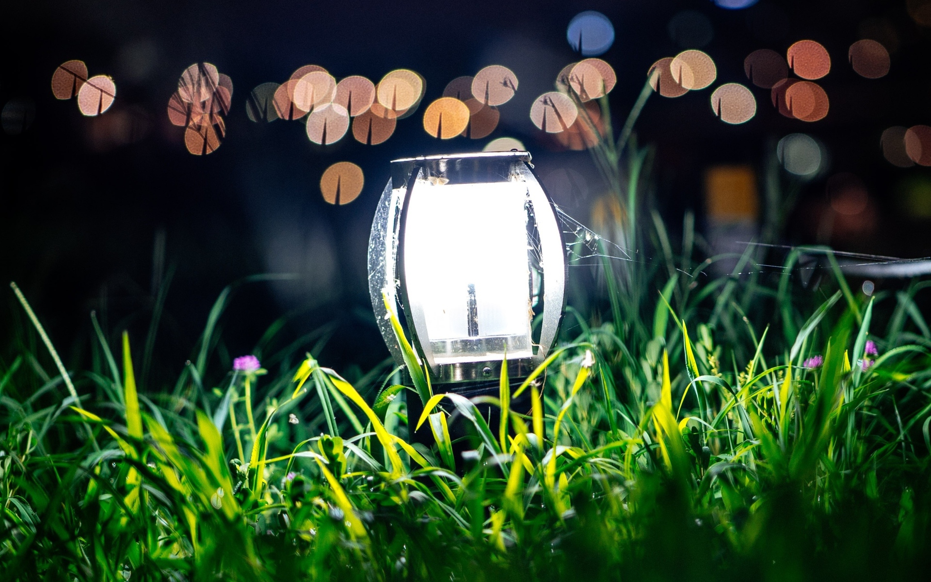 Включенный фонарь стоит в зеленой траве