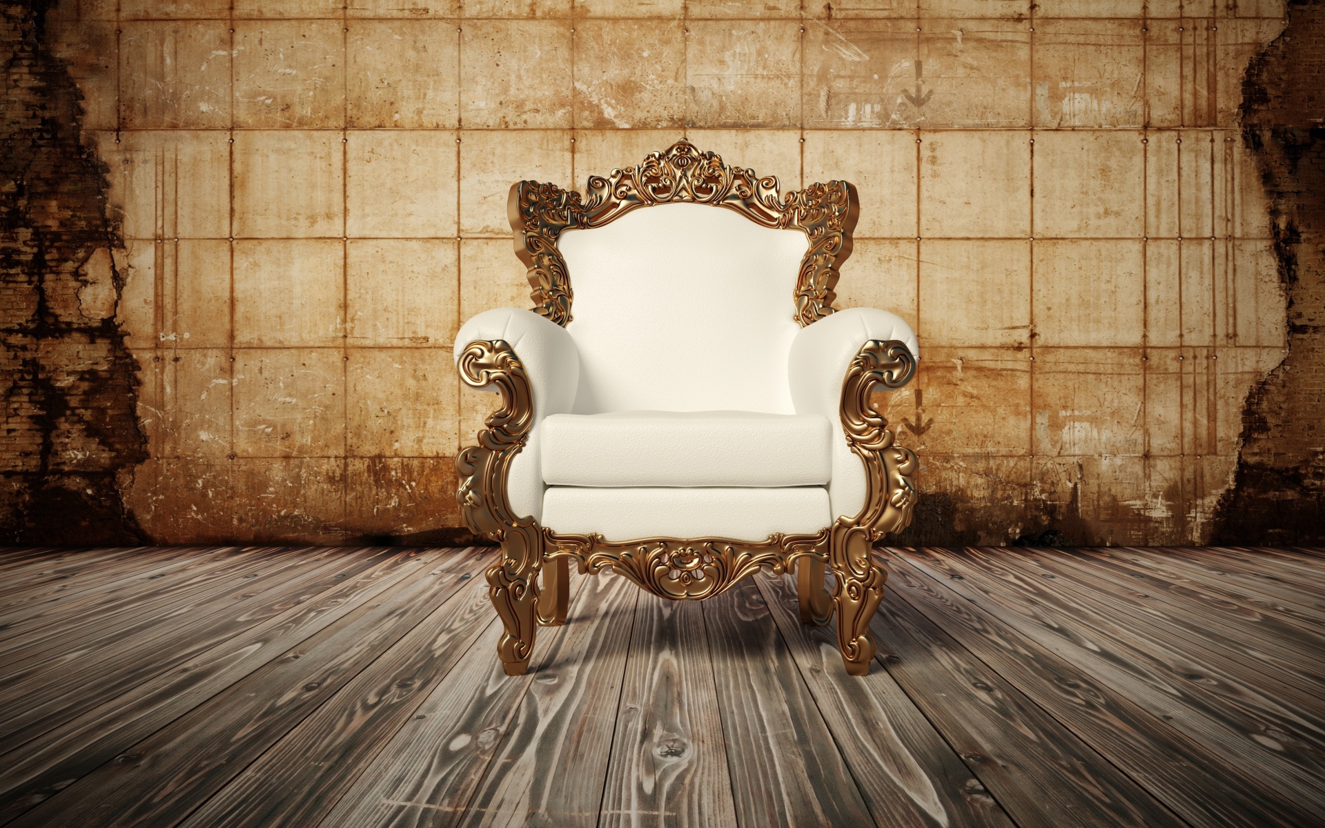 Белое новое кожаное кресло на деревянном полу у старой стены