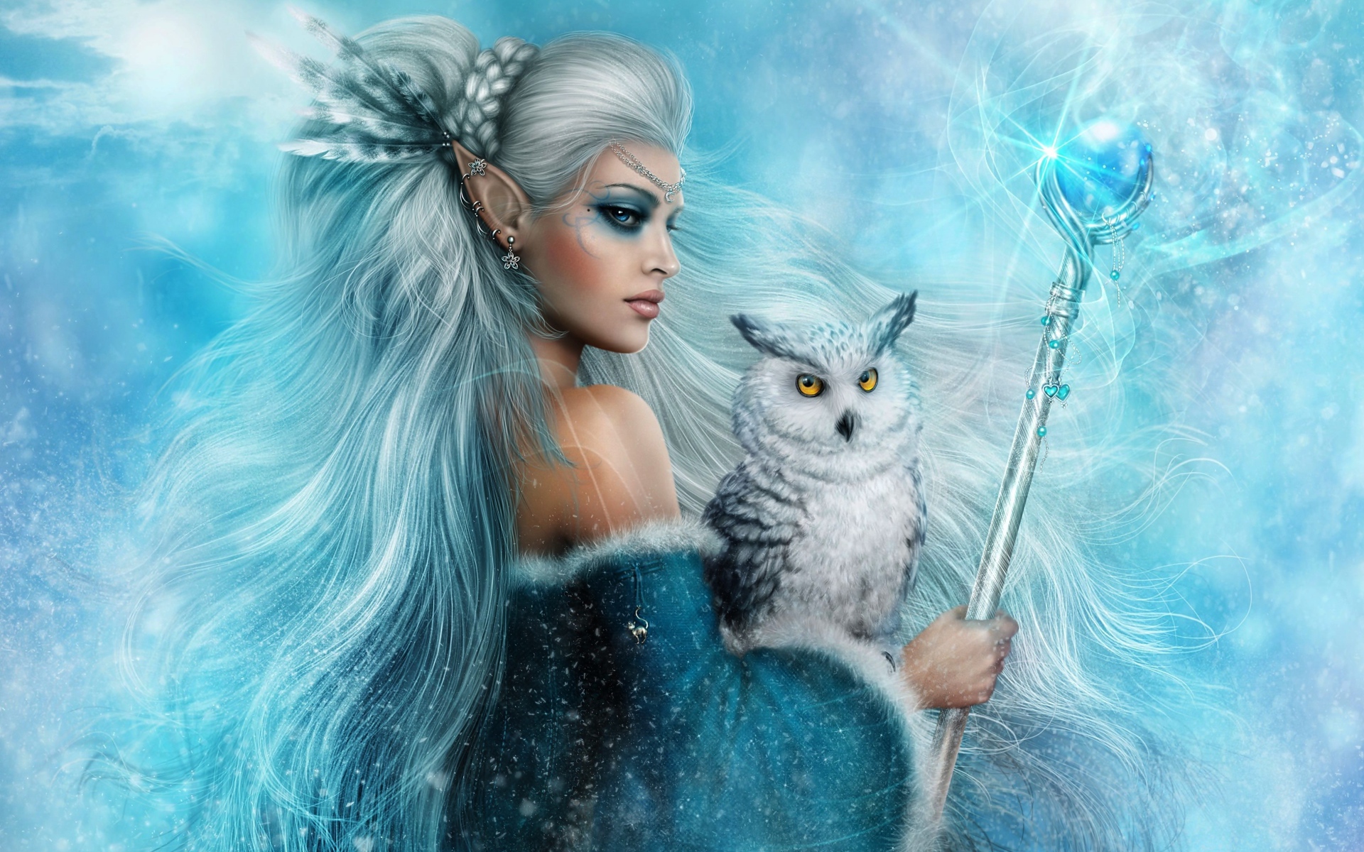Женщина-эльф с белой совой и скипетром в руках, фэнтези