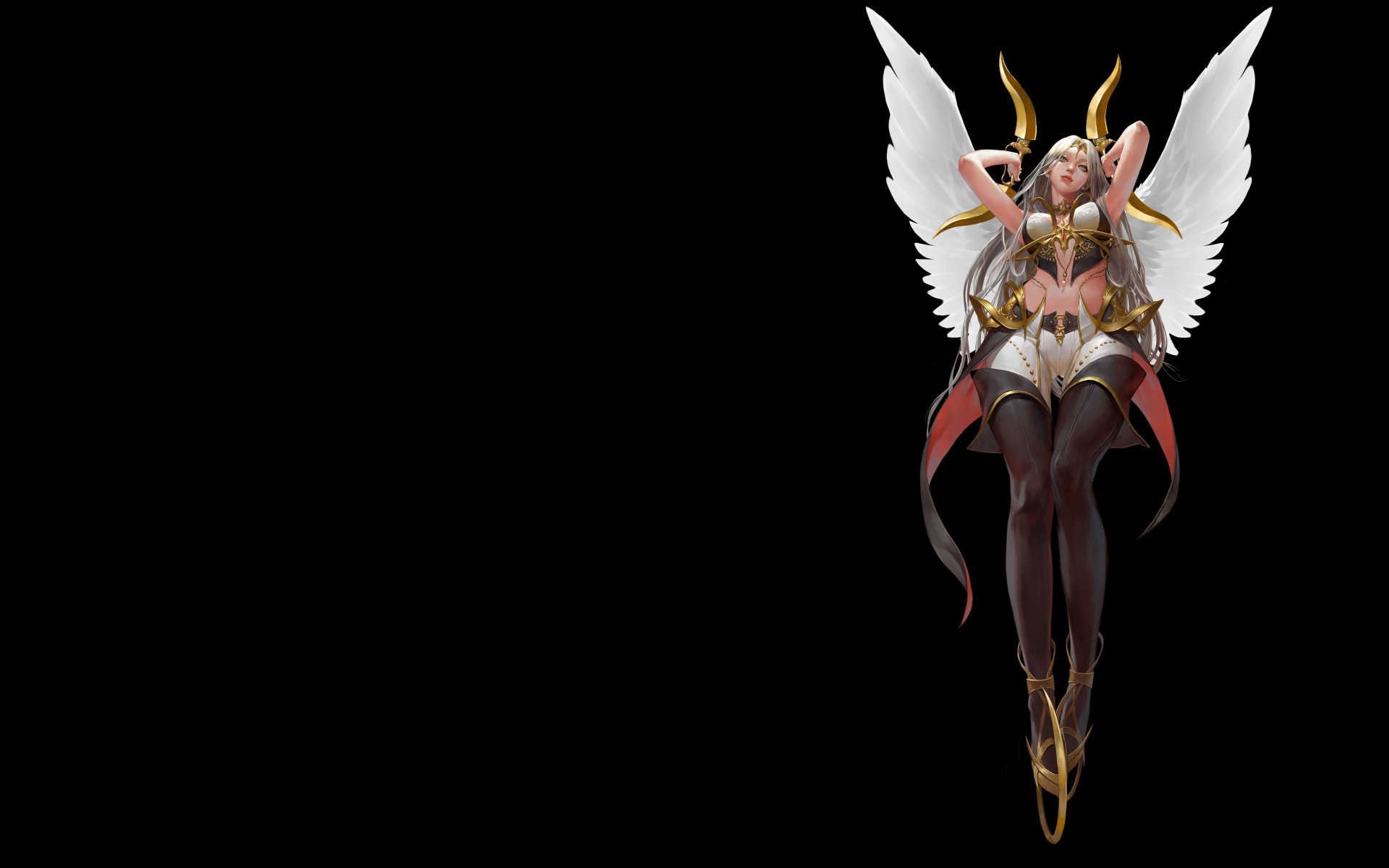 Девушка Ангельский Воин на черном фоне фэнтези