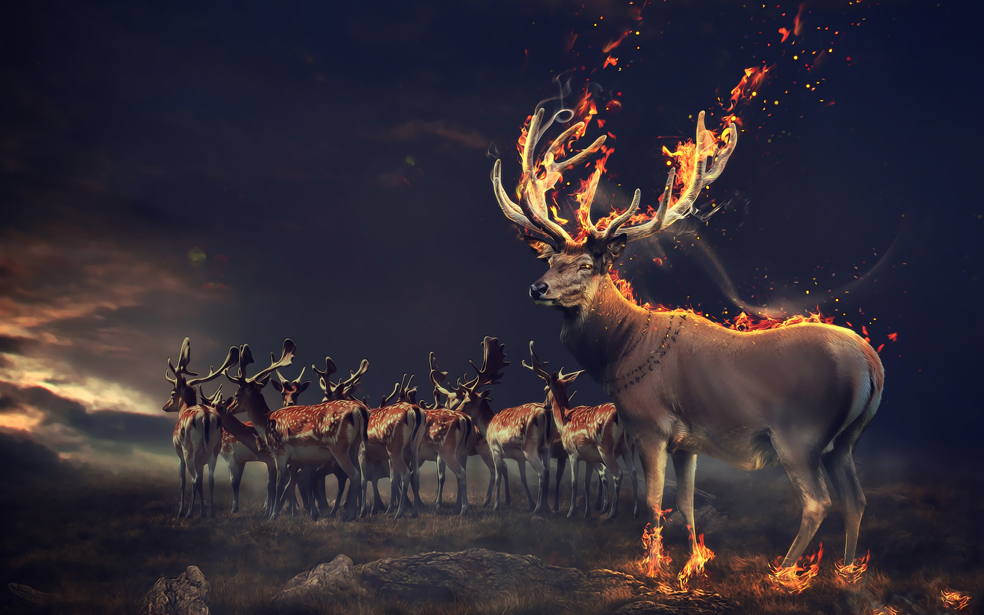 Фантастический олень с огненными рогами и копытами