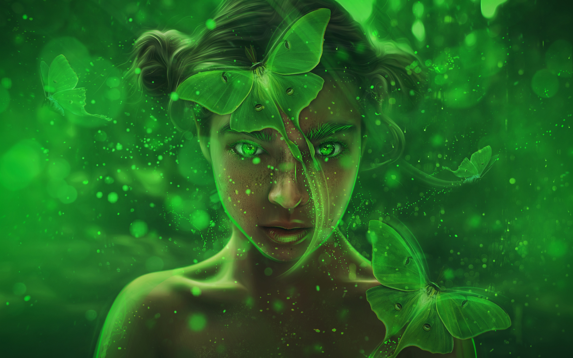 Фантастическая девочка с зелеными бабочками