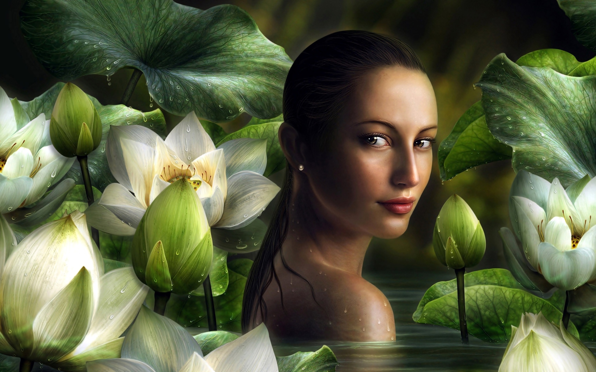 Девушка фэнтези на фоне белых цветов лотоса