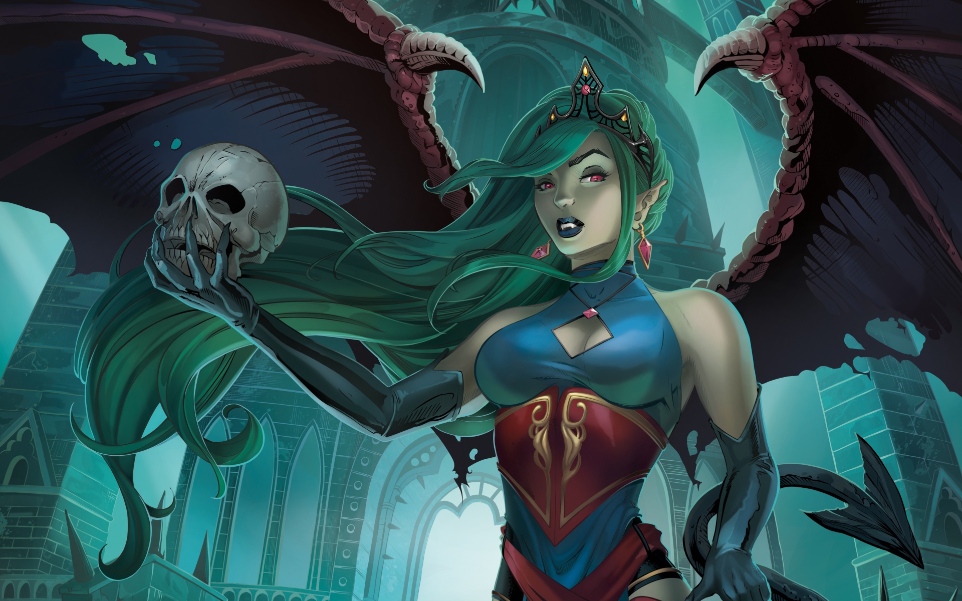 Девушка вампир с черепом в руке, фэнтези