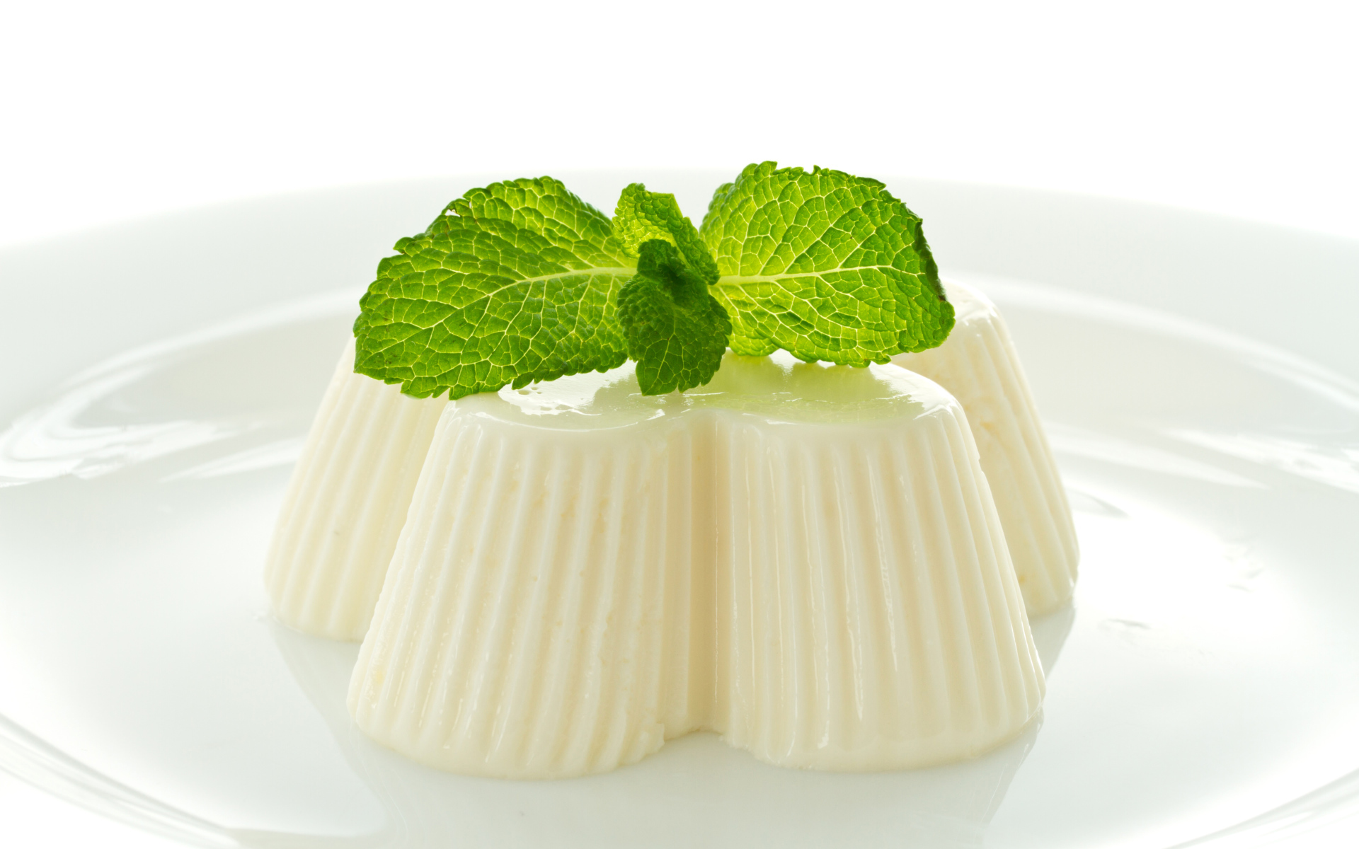 Молочное желе с мятой на белой тарелке 