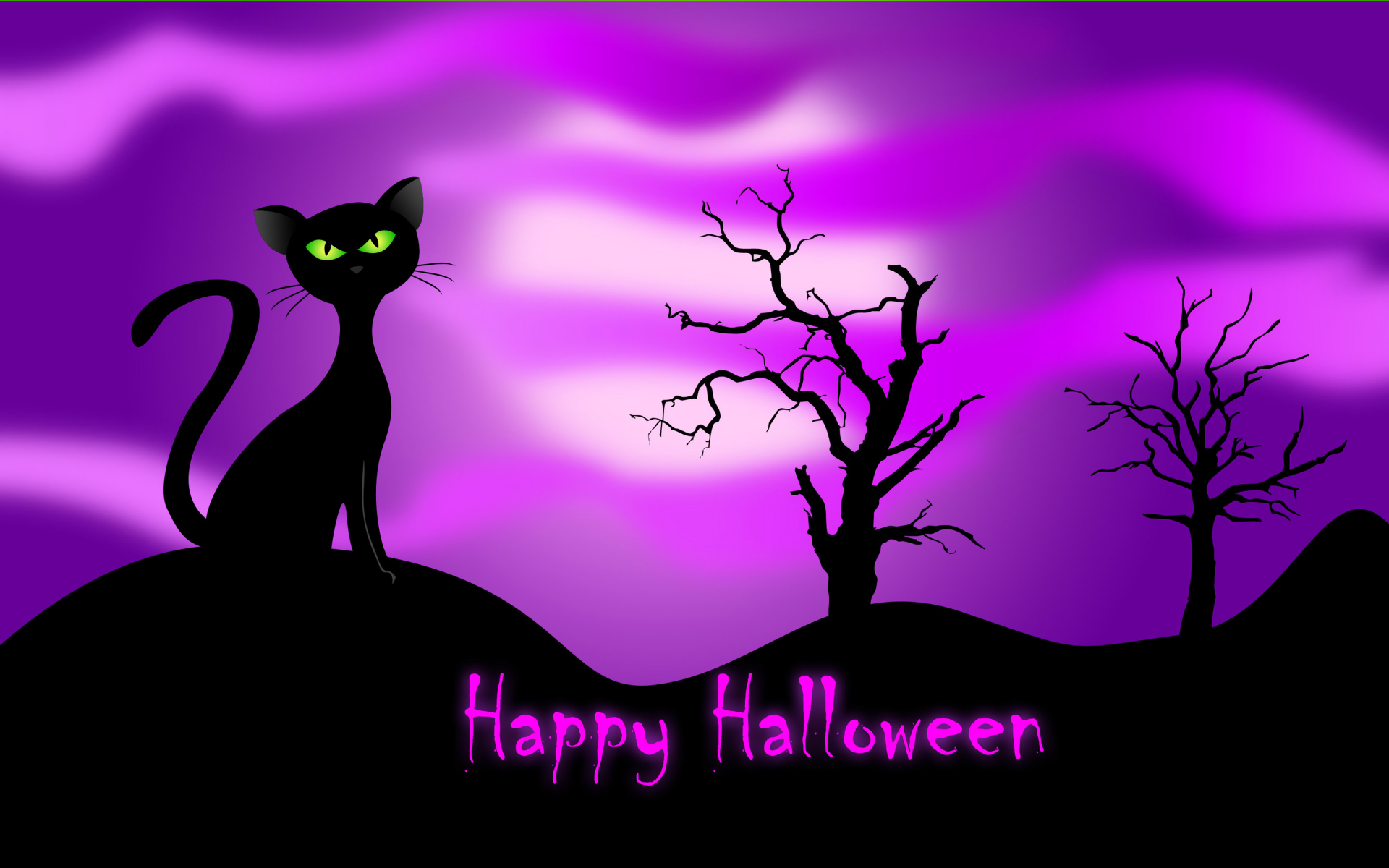 Черный кот на фиолетовом фоне на праздник Хэллоуин