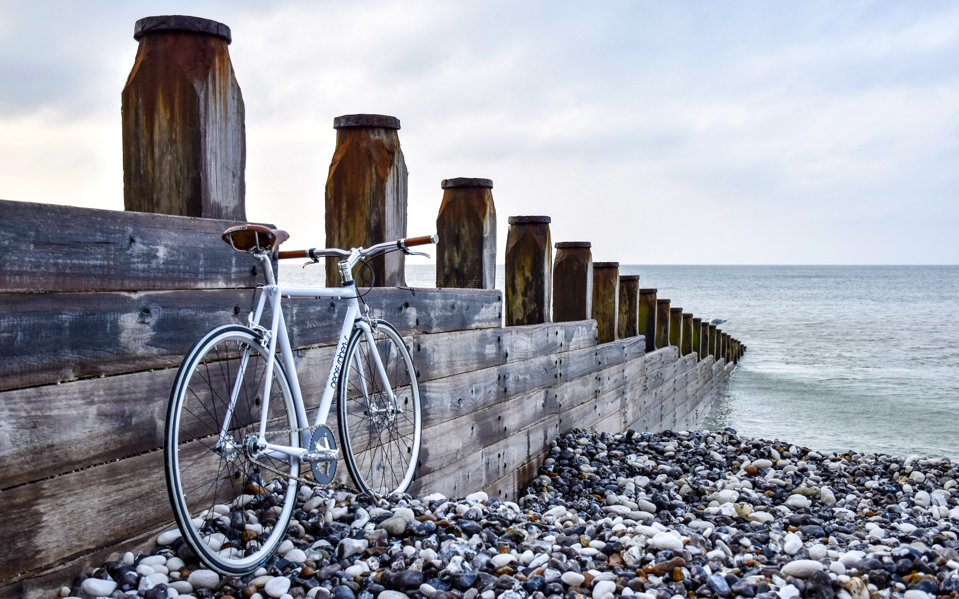Велосипед стоит и моста на берегу моря