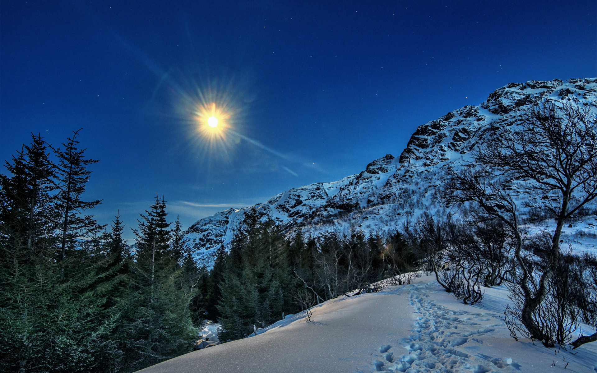Солнце над заснеженными горами и лесом,  Лофотенские острова. Норвегия