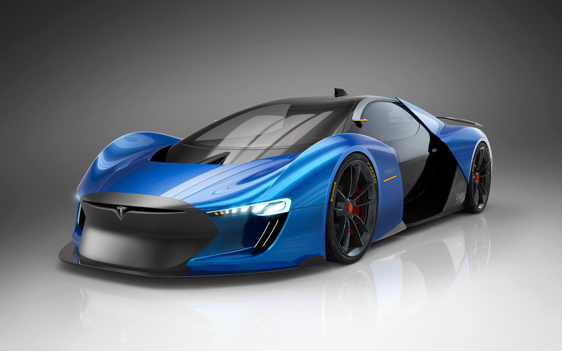 Дорогой автомобиль Tesla Model EXP, 2018 на сером фоне