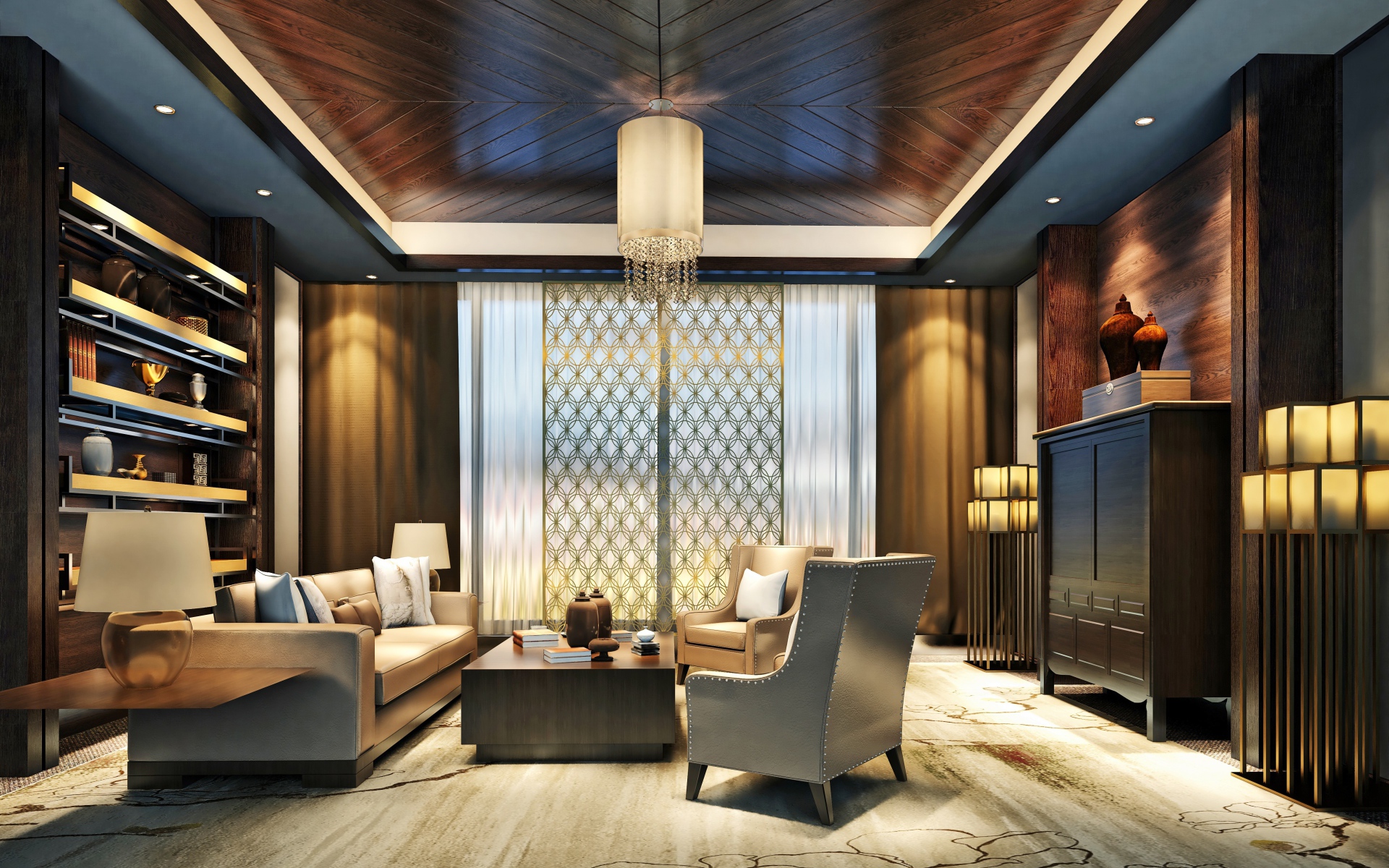 Стильная гостиная с деревянной отделкой