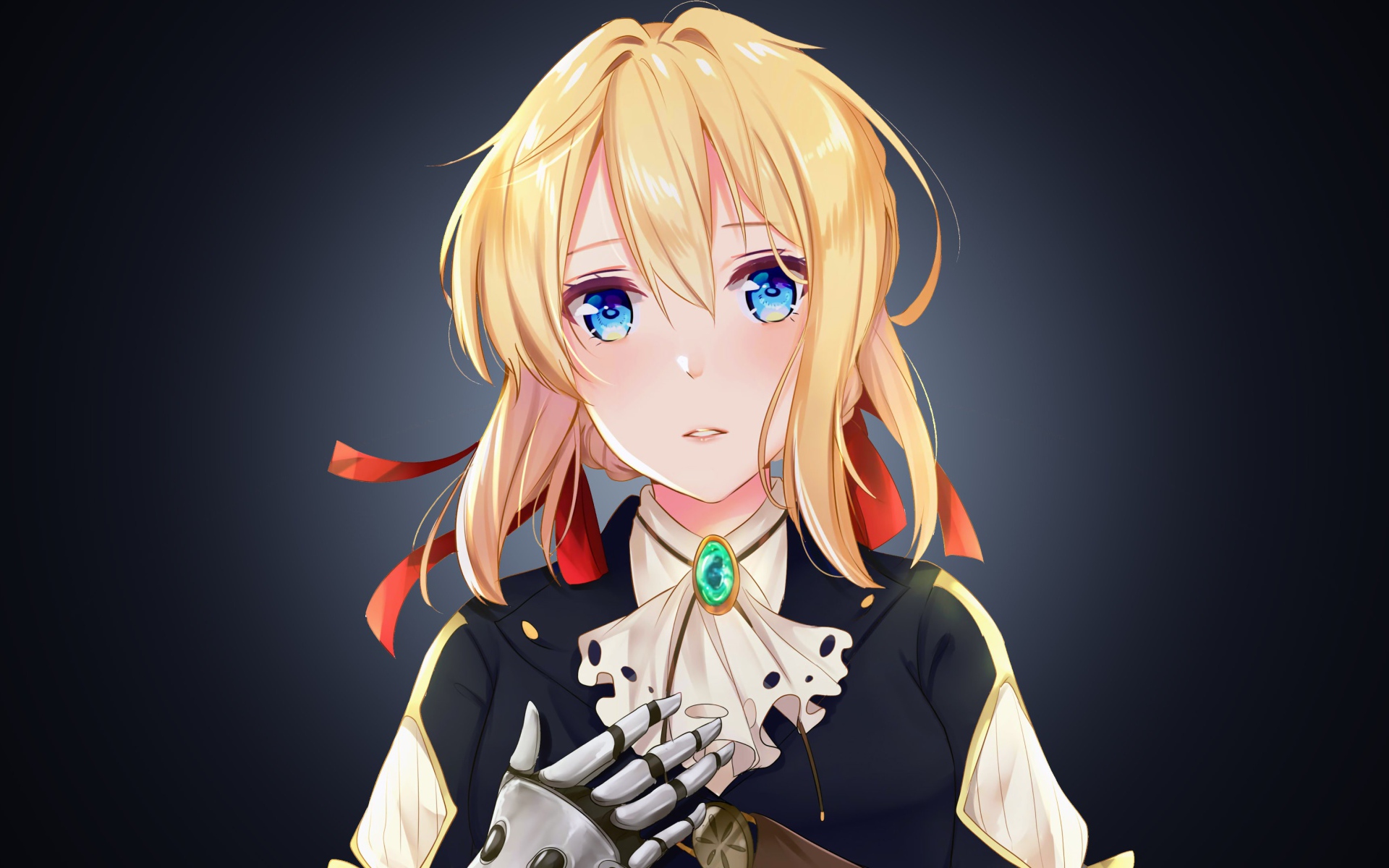 Девушка аниме Вайолет Эвергарден на сером фоне