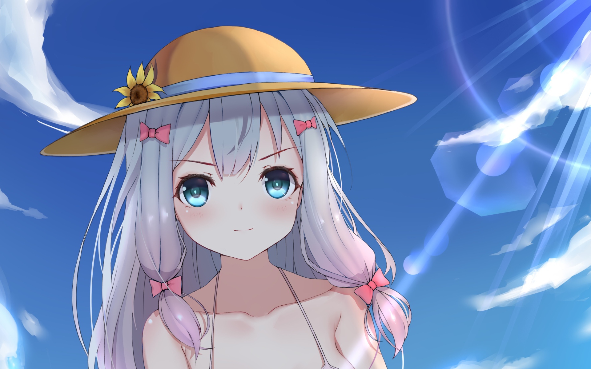 Eromanga-sensei anime girl in a hat against the sky