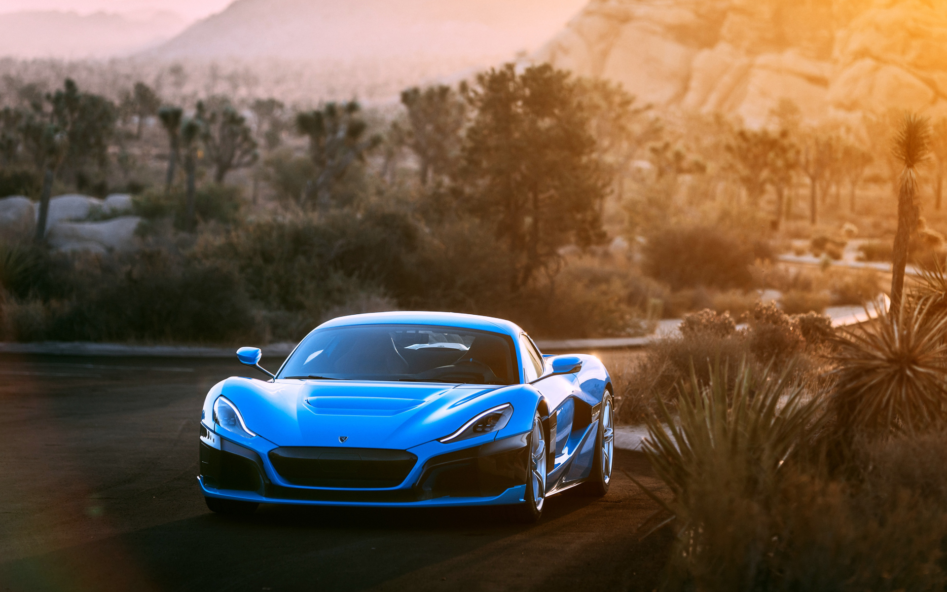 Синий спортивный автомобиль Rimac C Two California Edition вид спереди