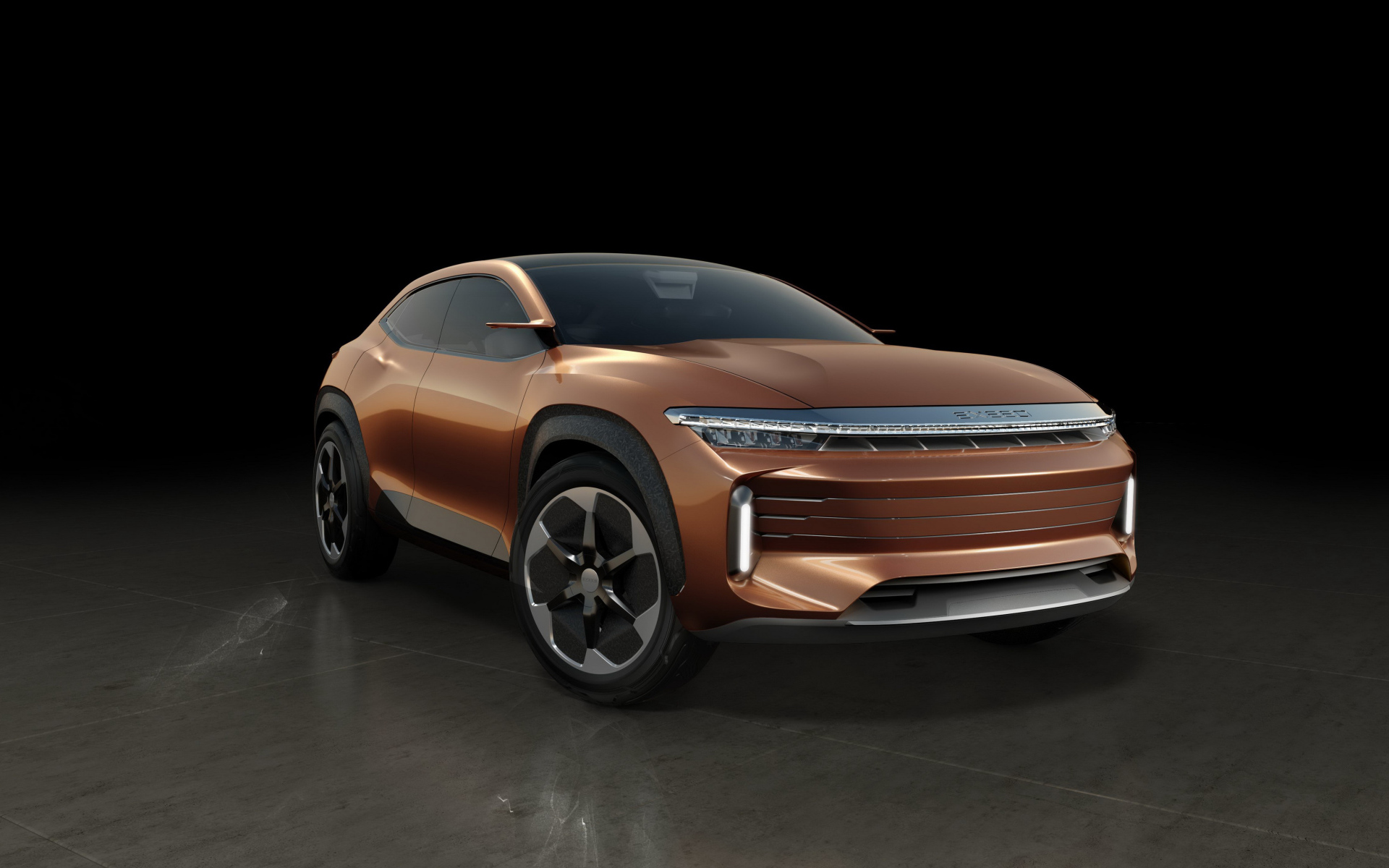 Коричневый внедорожник Exeed LX, 2019 года на черном фоне