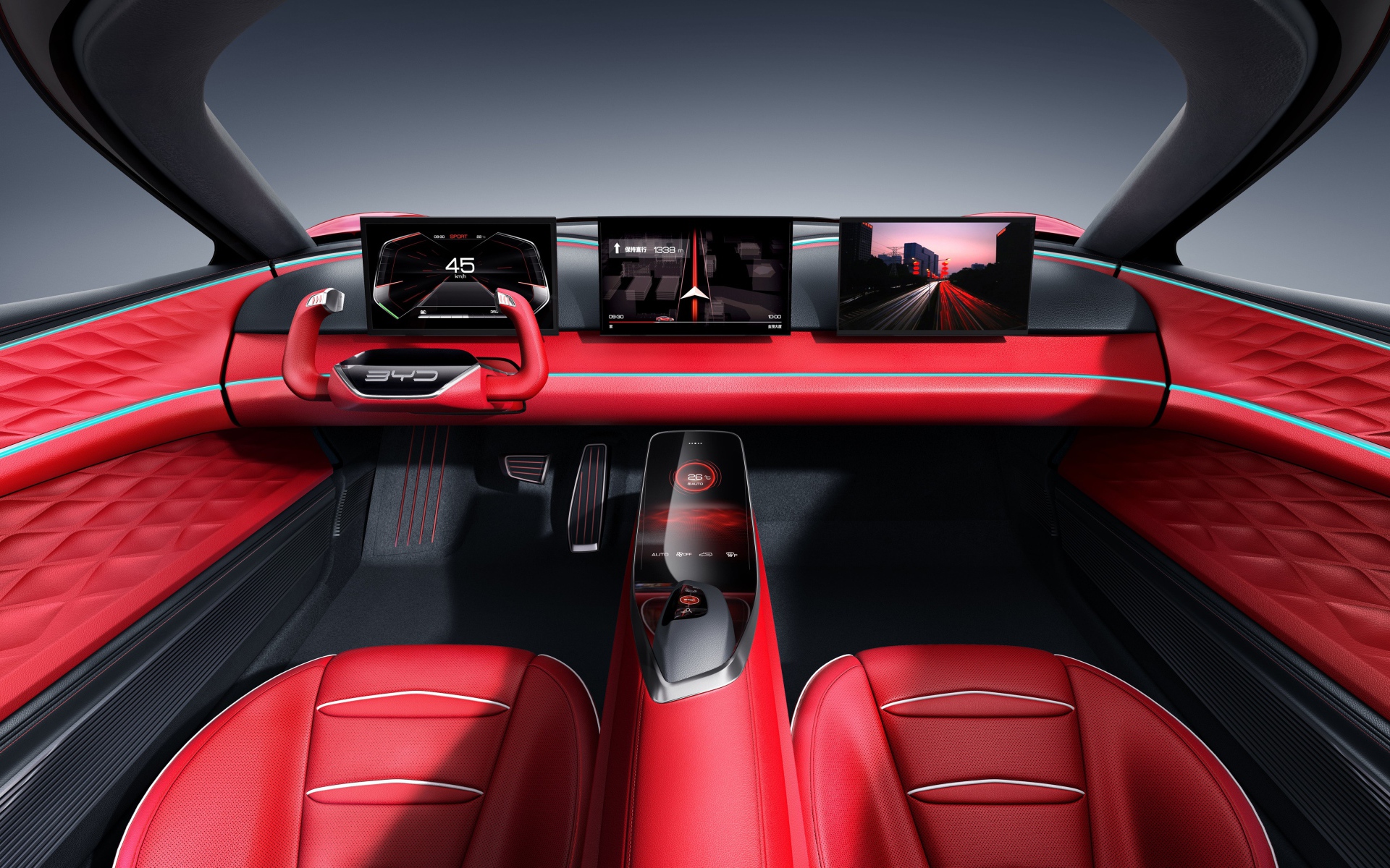 Красный кожаный салон автомобиля BYD E-SEED GT,  2019