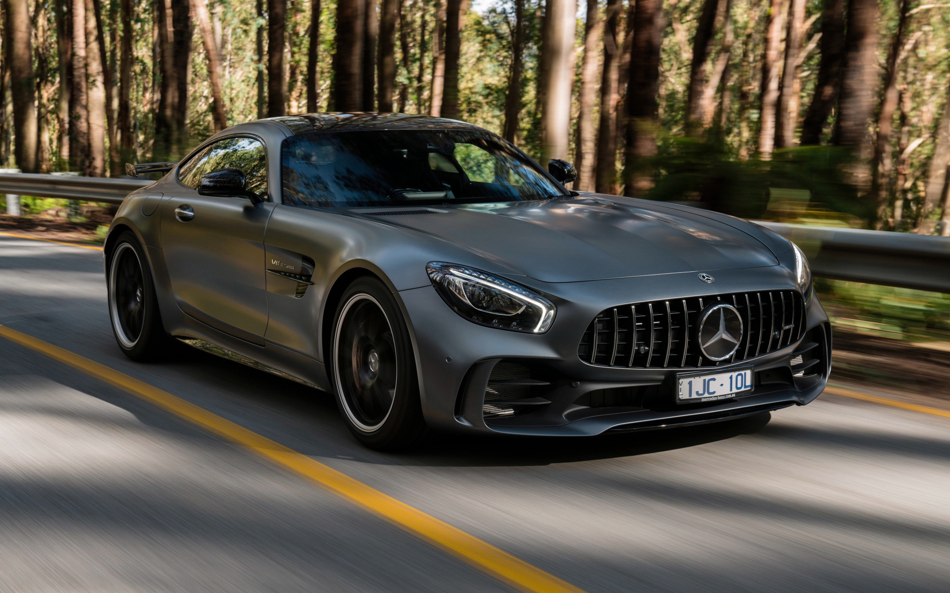 Silver car Mercedes-Benz AMG GT R, 2018 on the track