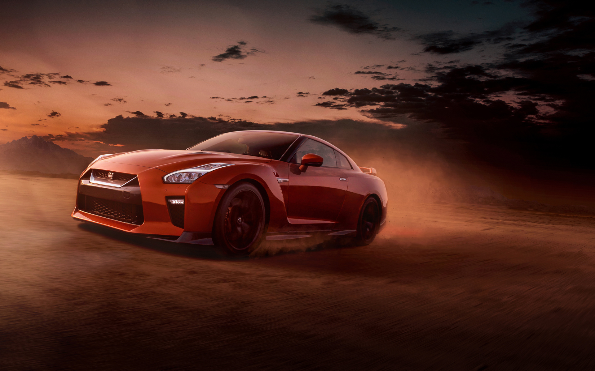 Красный автомобиль Nissan GT-R вечером