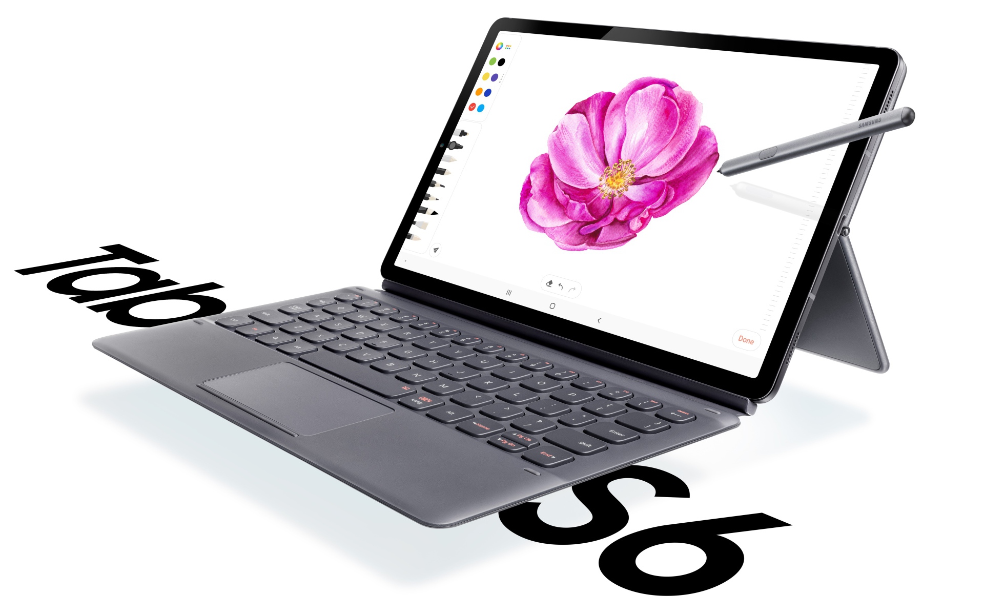 Планшет Samsung Galaxy Tab S6 на белом фоне с клавиатурой