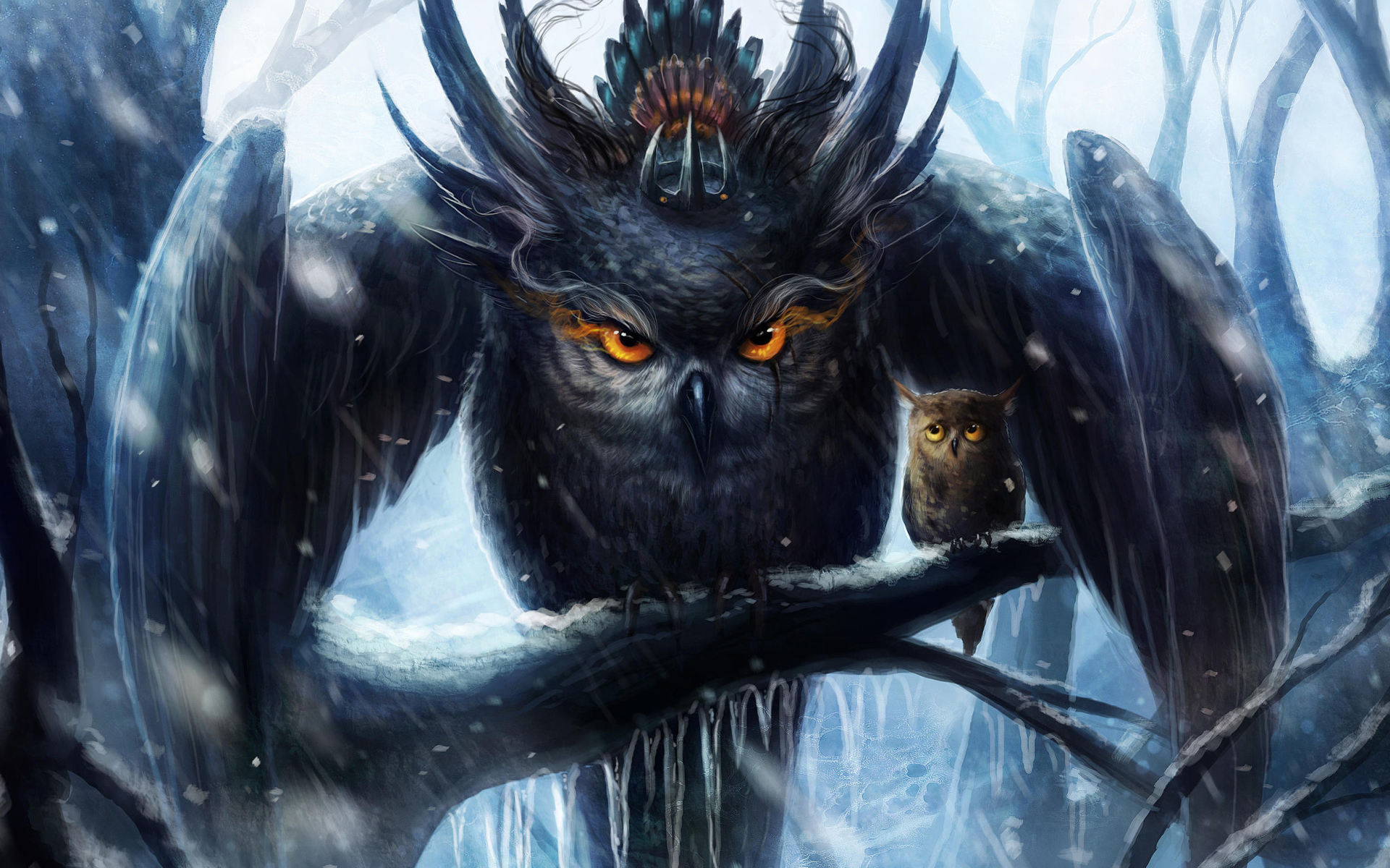 Нарисованная сова мать с птенцом на ветке