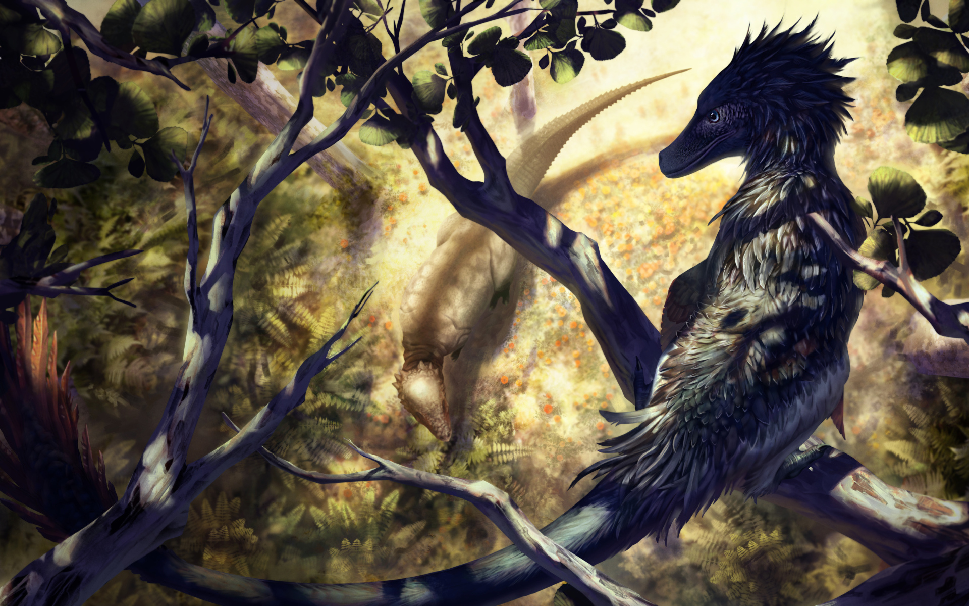 Фантастический дракон сидит на ветке 