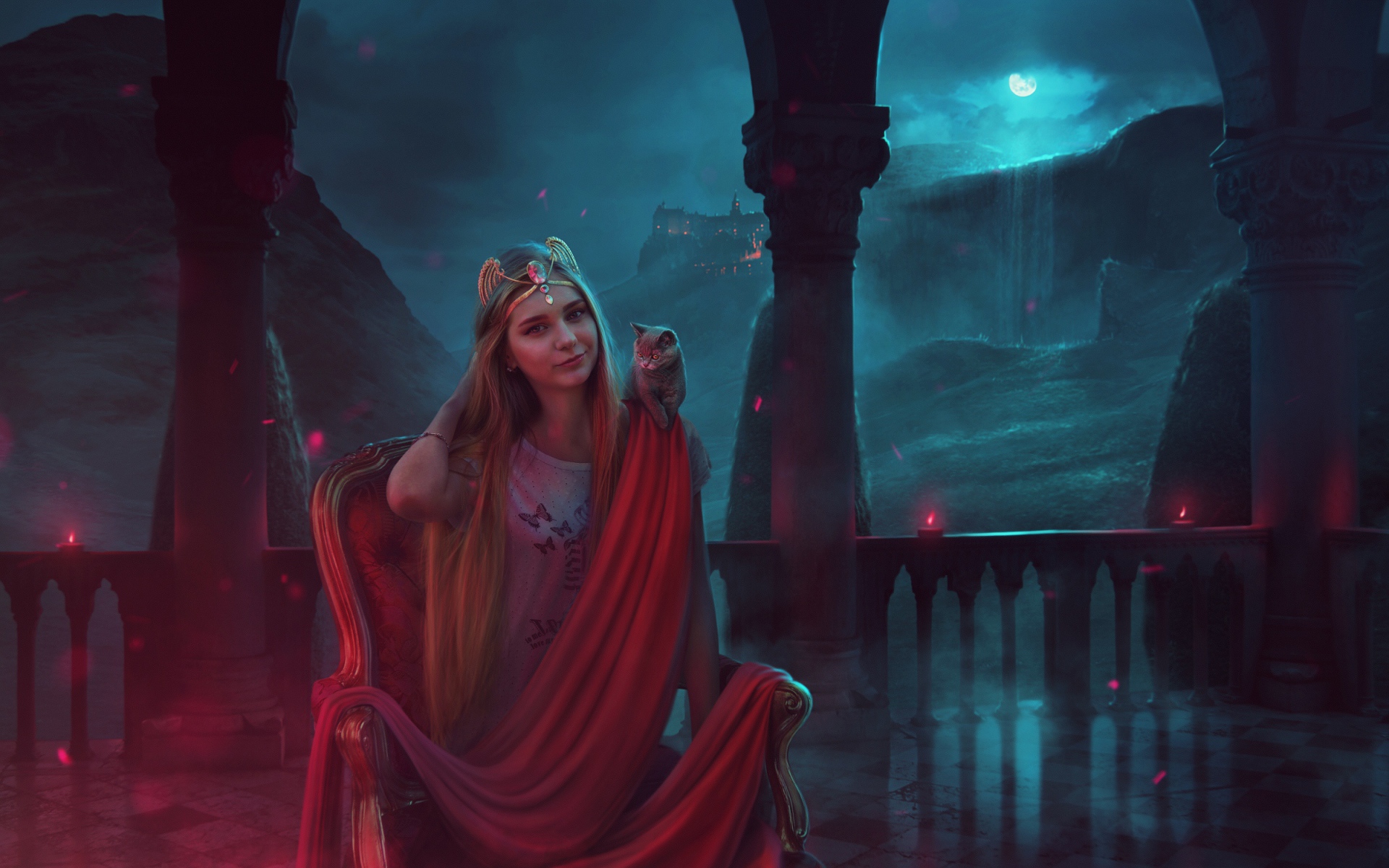 Фантастическая девушка с серым котенком на плече