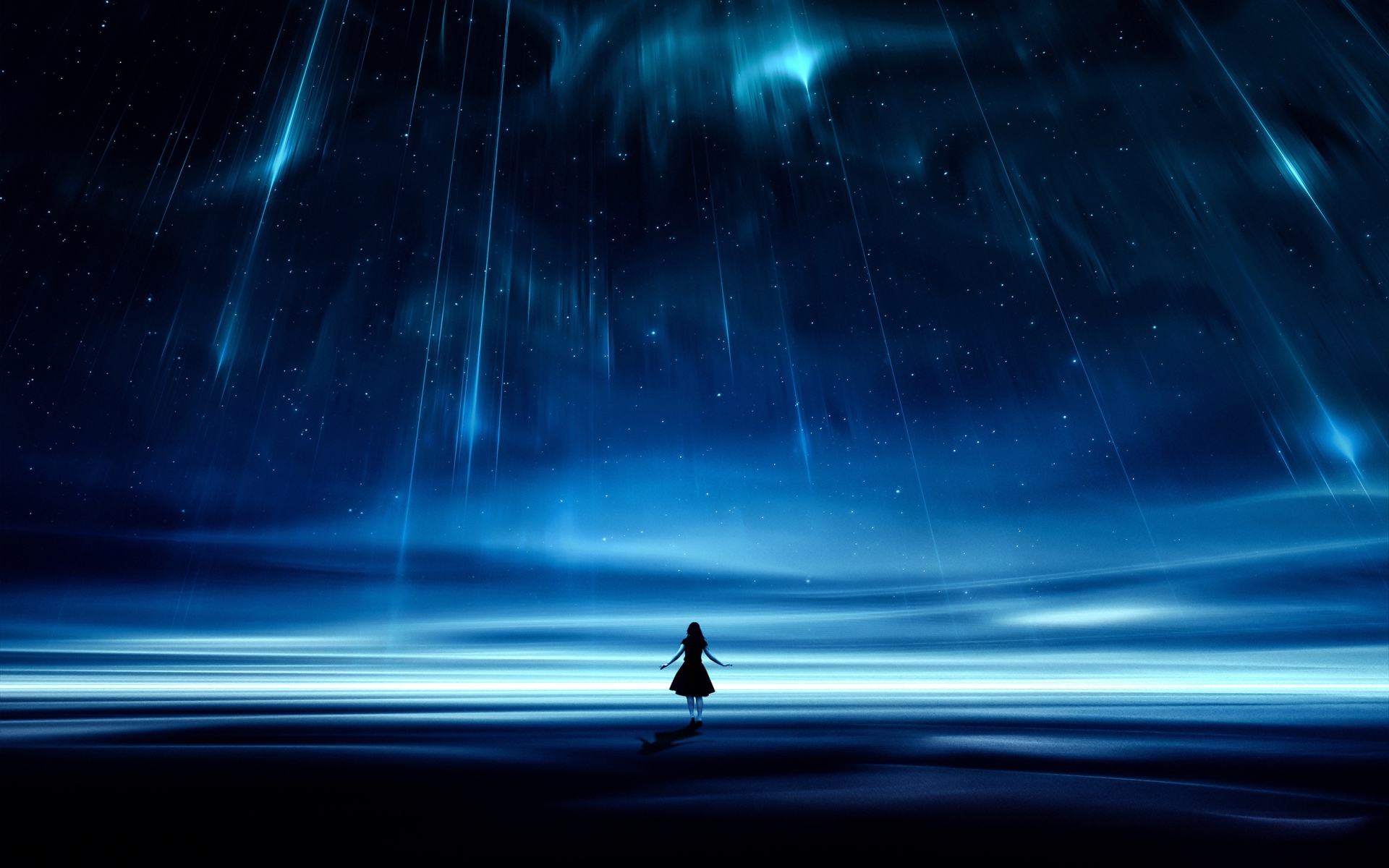 Девушка под фантастическим звездопадом в красивом небе