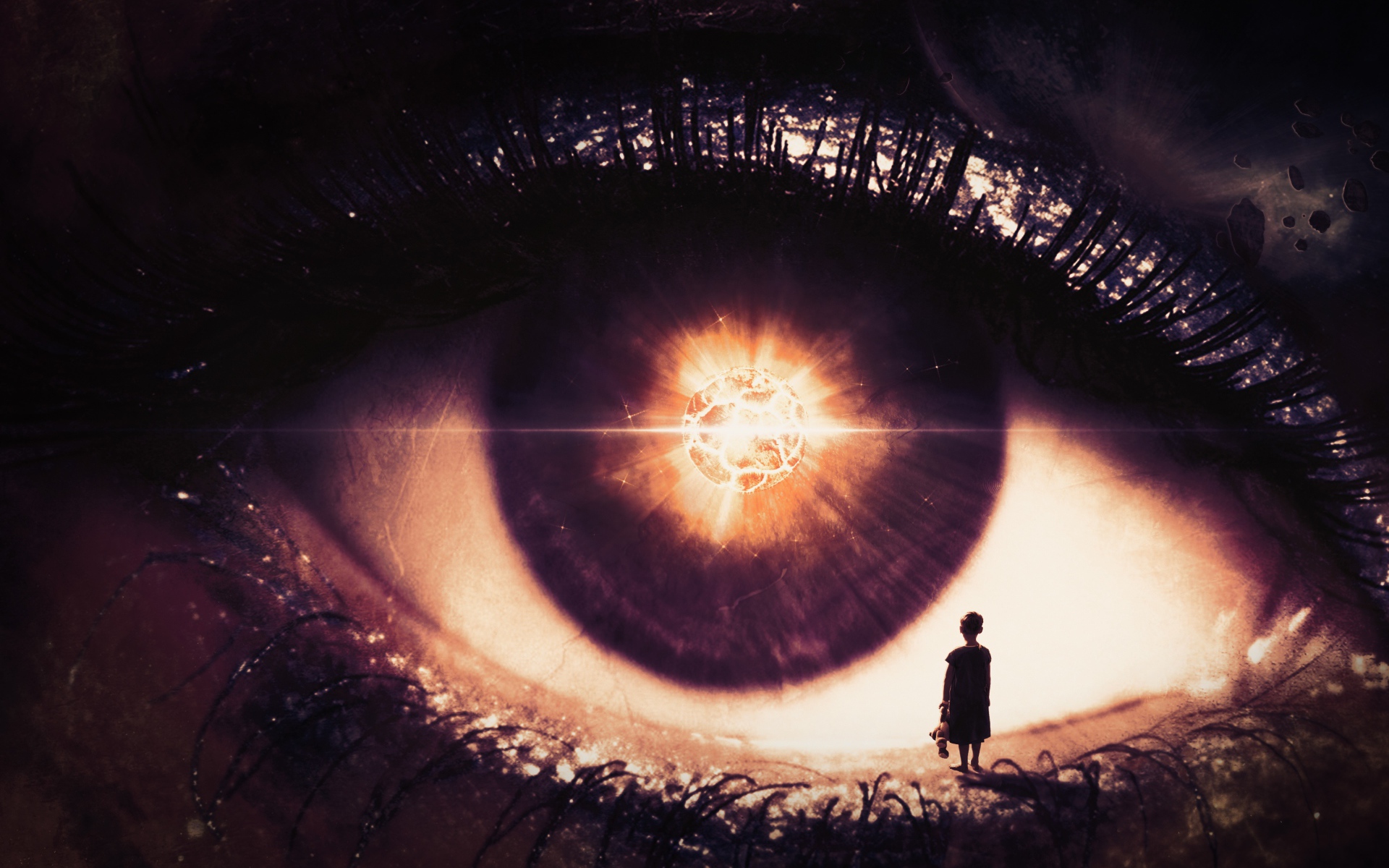 Маленькая девочка стоит на открытом фантастическом глазу