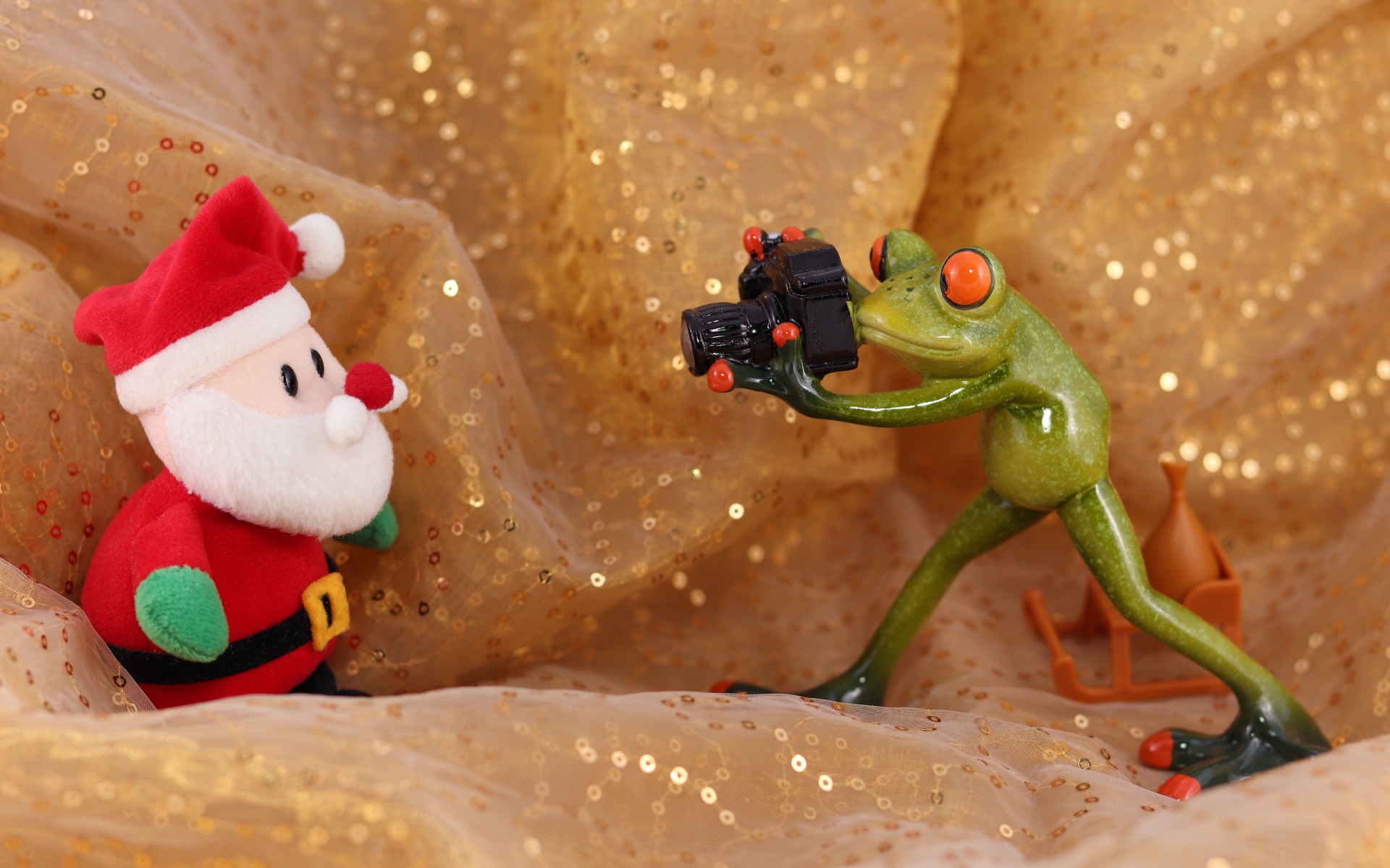 Зеленая жаба фотографирует Деда Мороза