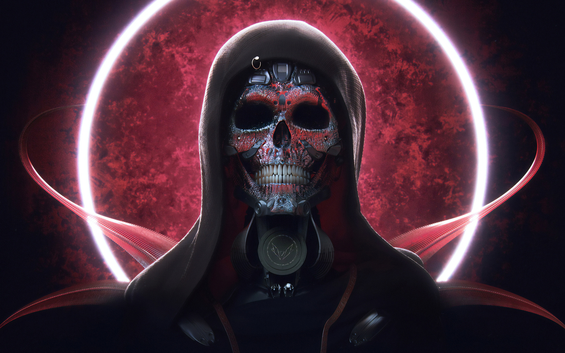 Киборг в черном балахоне на фоне красной луны