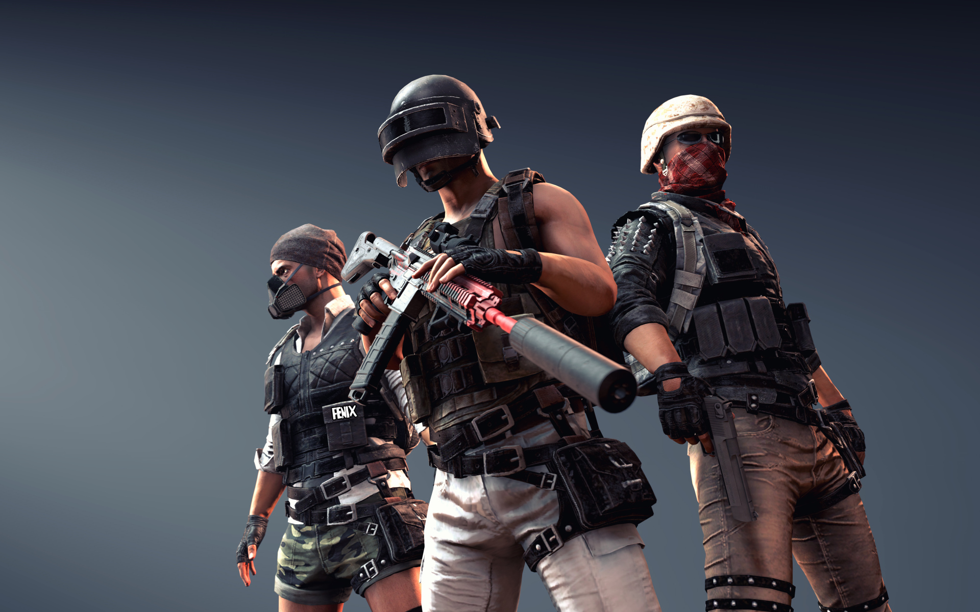Персонажи компьютерной игры  PUBG на сером фоне