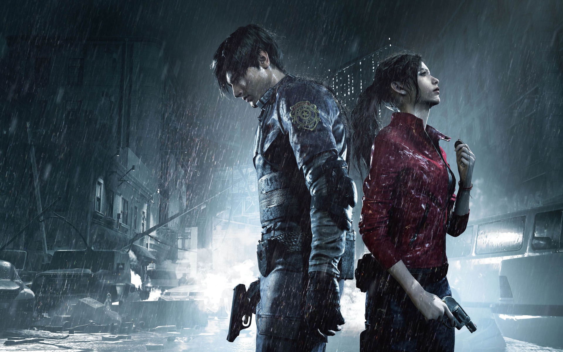 Персонажи компьютерной игры Resident Evil 2, 2019 года под дождем