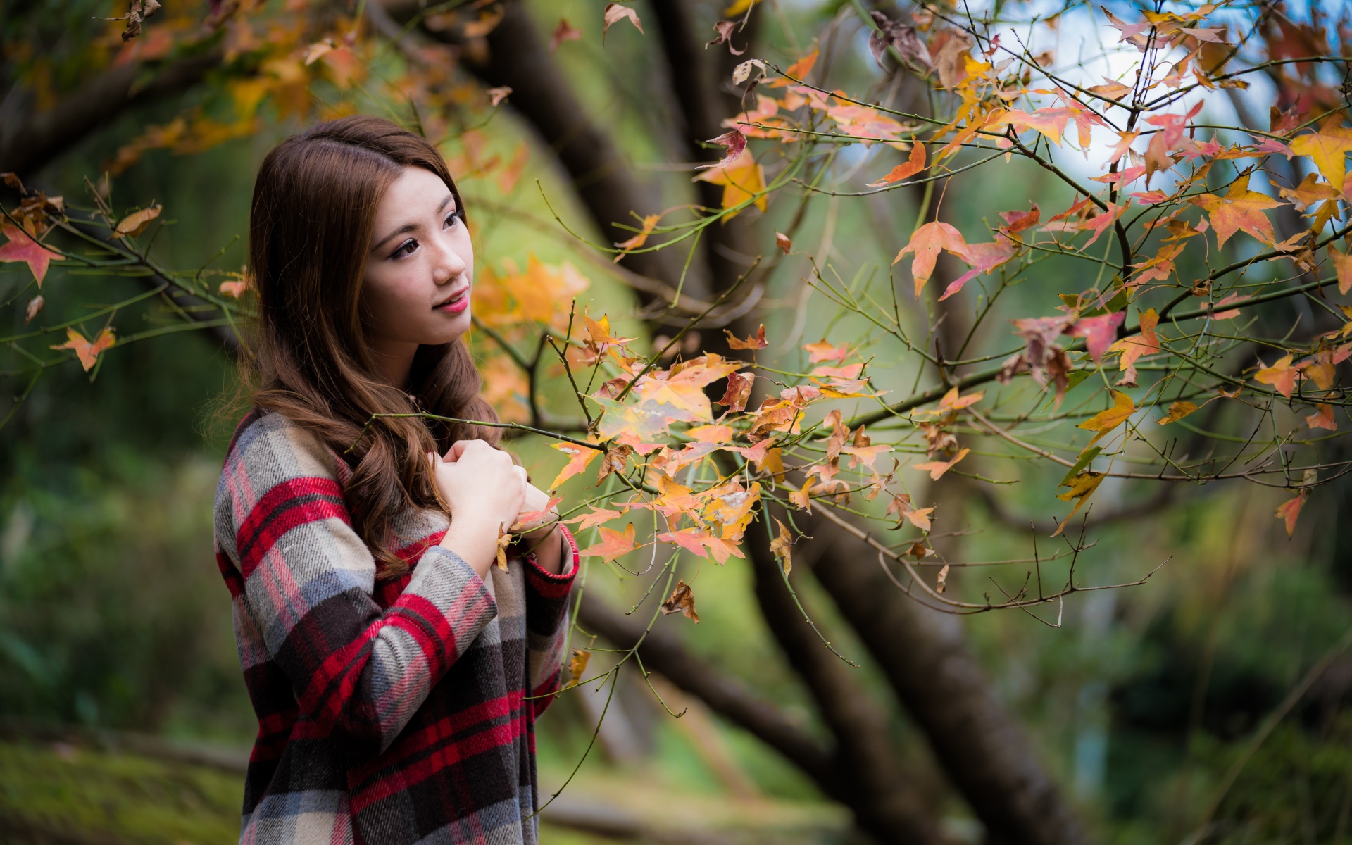 Красивая азиатка стоит у дерева