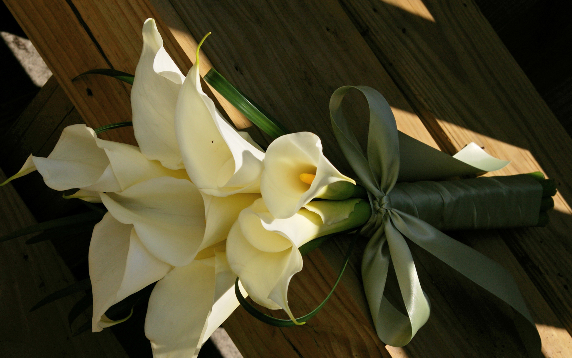 Букет белых калл на деревянной лавке