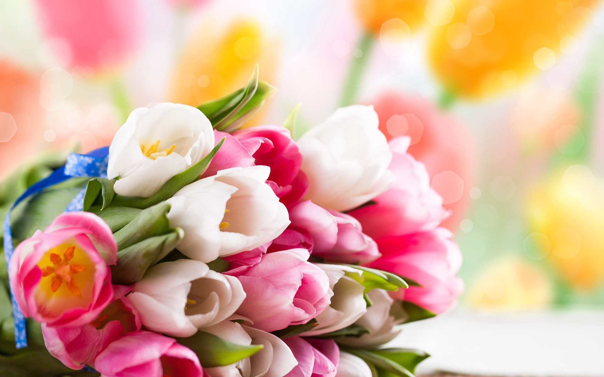 Красивый букет розовых и белых тюльпанов на столе