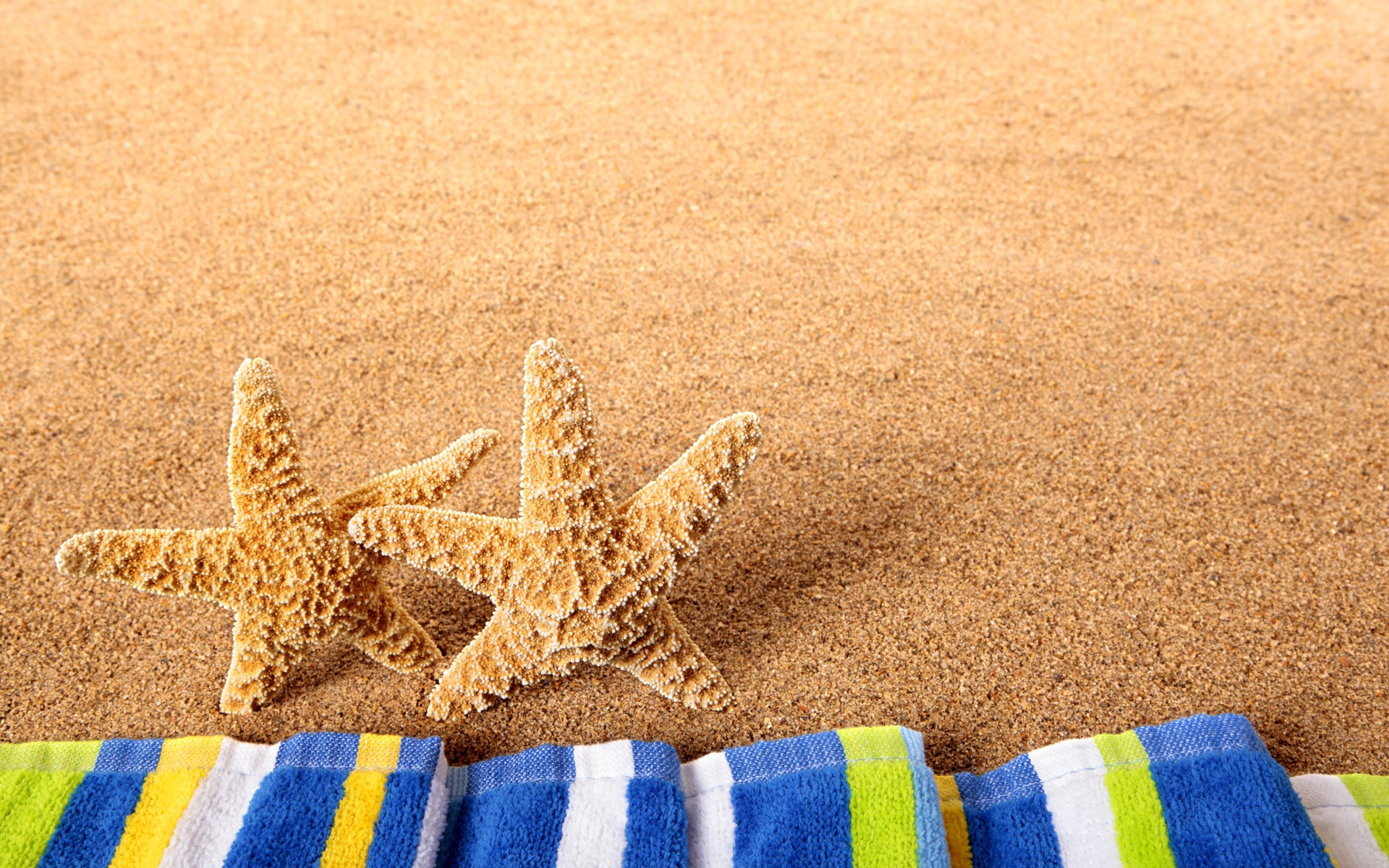 Две морские звезды на желтом песке с полотенцем