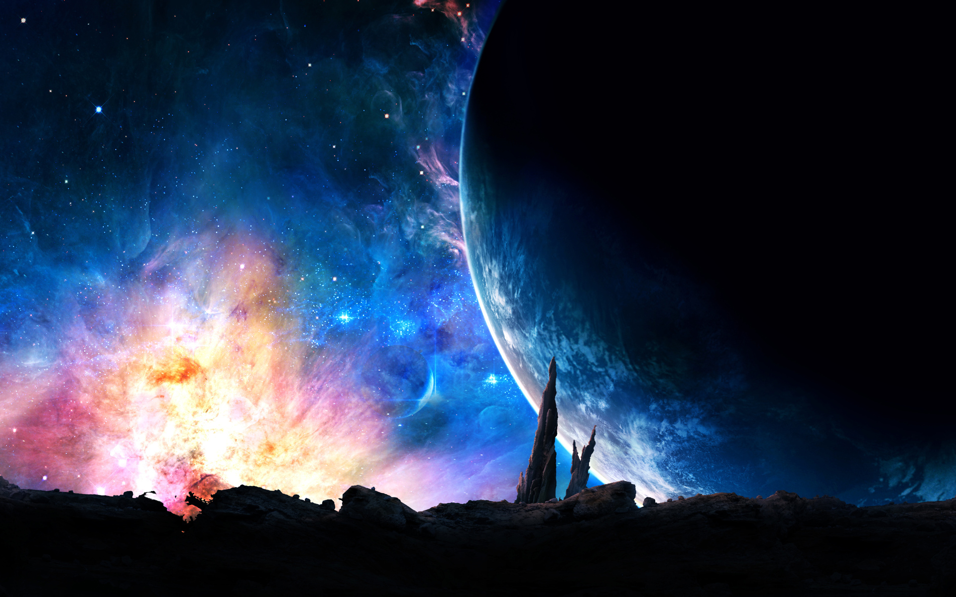 Большая планета на фоне звездной галактики 